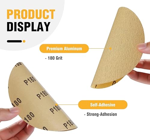 Miniatura 2 de 100 discos de lija PSA dorados de 6 pulgadas, grano 180, papel de lija autoadhesivo con parte trasera adhesiva, óxido de aluminio, papel de arena