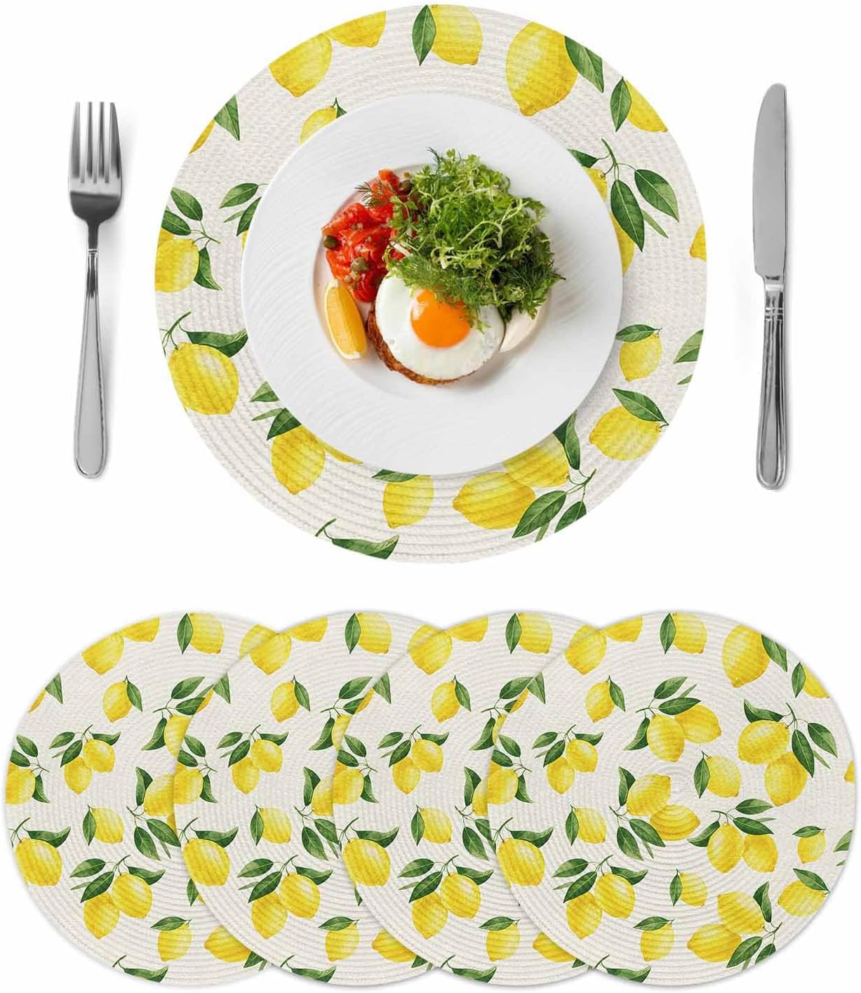 Round Placemats Set of 4 Yellow Lemon Place Mats Washable Woven Placemat Summer Fruit Lemon Green Leaf Farmhouse Circle Braided Table Mat for Kitchen Dining Table Party Home Decor 13 Inch