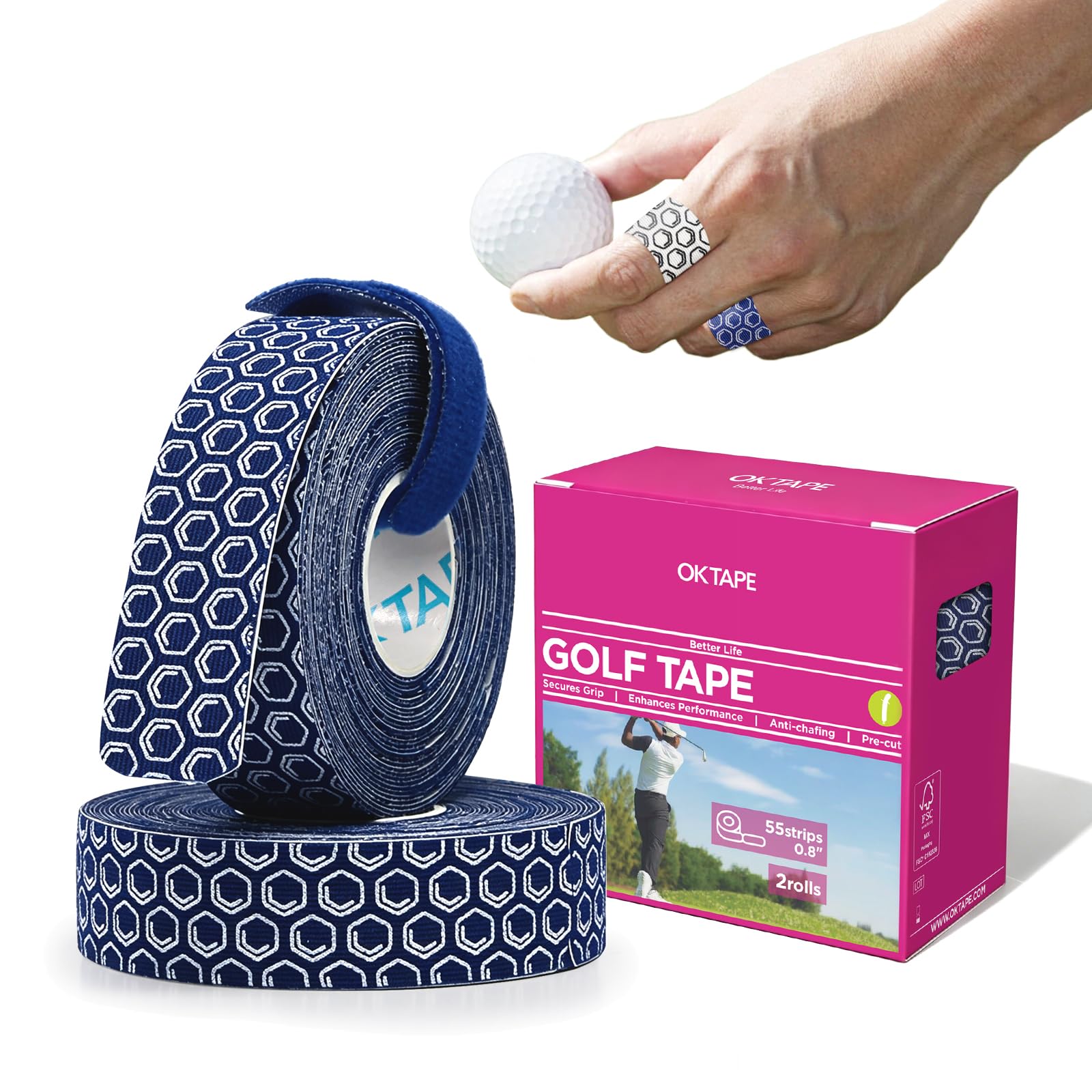 OK TAPE Golf Tape for Fingers, 110 Strips, Finger Tape for Golf, Tennis | Blister Prevention Tape, Flexible, Sweatproof, Synthetic Fiber, Pre-Cut Elastic Athletic Tape (2 Rolls, Blue)