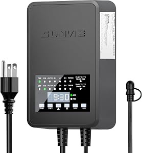 SUNVIE 300W Low Voltage Landscape Transformer with metal casing and dual output ports installed on a garden wall.