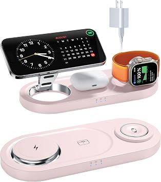 محطة شحن لاسلكية 3 في 1 مطورة لأجهزة Apple، وحامل شاحن Mag-Safe أسرع، ومحطة شحن مغناطيسية لسلسلة iPhone 17/16/15/14/13/12 وسماعات AirPods Pro وسلسلة Apple Watch باللون الوردي