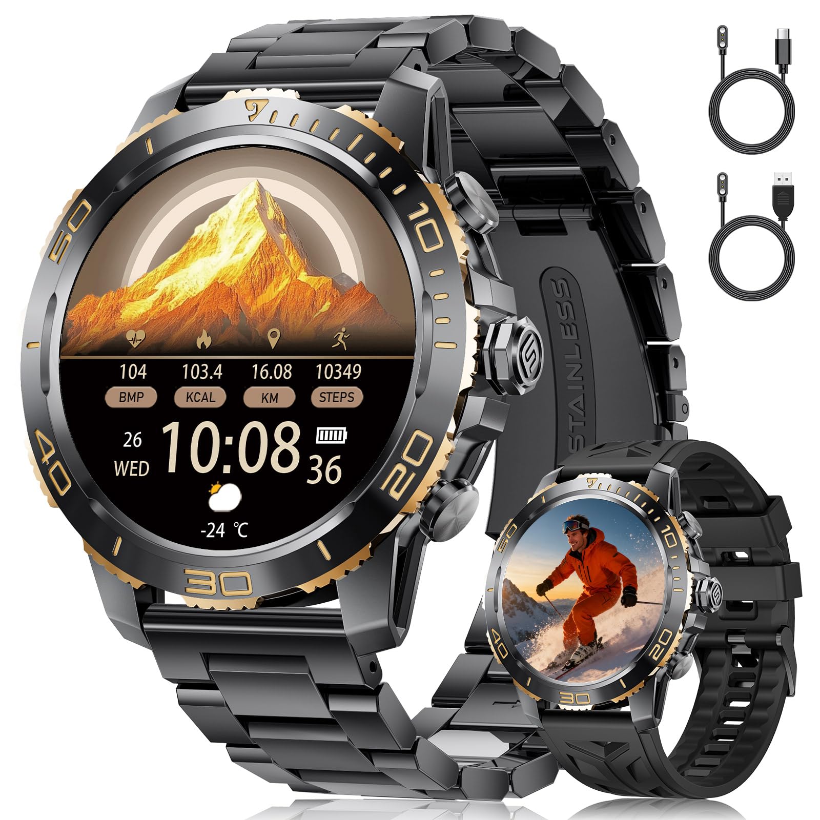 FITFLEX Montre Connectée Homme avec Batterie 800 mAh, 1.43" HD AMOLED Smartwatch Homme avec Appel Bluetooth/120+ Sportifs/Sommeil/Lampe de Poche, Etanche IP68, Fitness Montre iOS Android