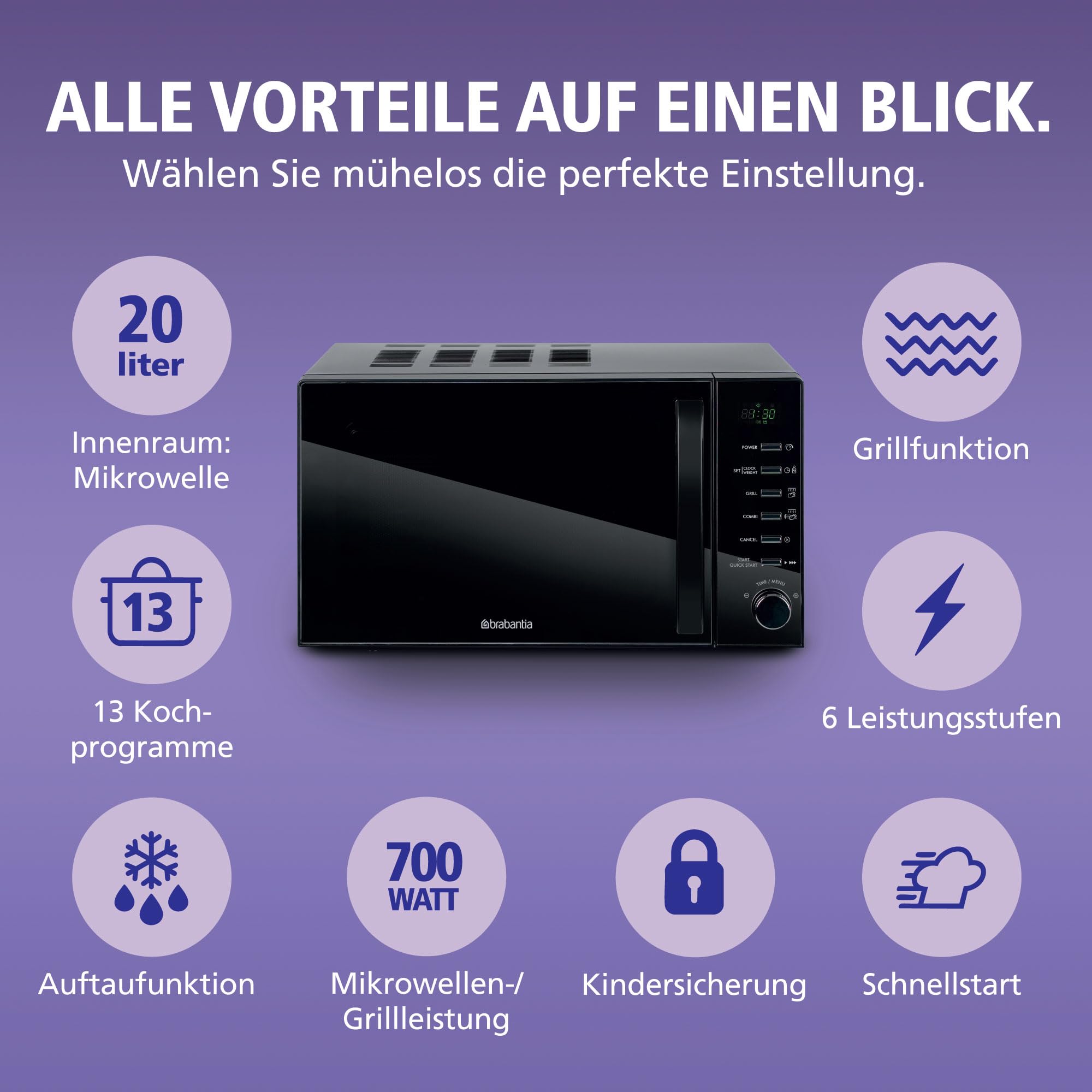 Brabantia Mikrowelle mit Grillfunktion, 20 Liter, 700W, Freistehend, 13 Automatikprogramme, 6 Leistungsstufen, Digitaler Timer, Große Kapazität, Schwarz, BBEK1145DG