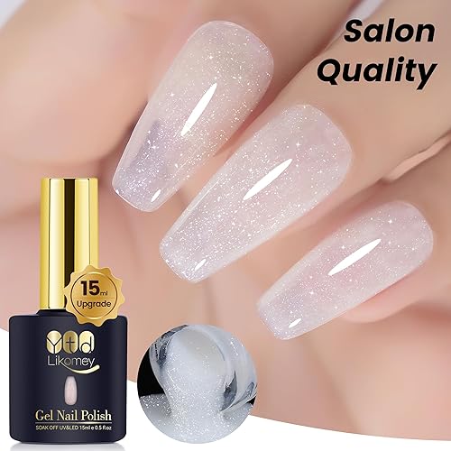 Miniatura 5 de YTD Likomey Esmalte de uñas de gel con purpurina nude de 0.5 fl oz, color blanco lechoso perlado brillante gelatina translúcida neutro, holográfico,
