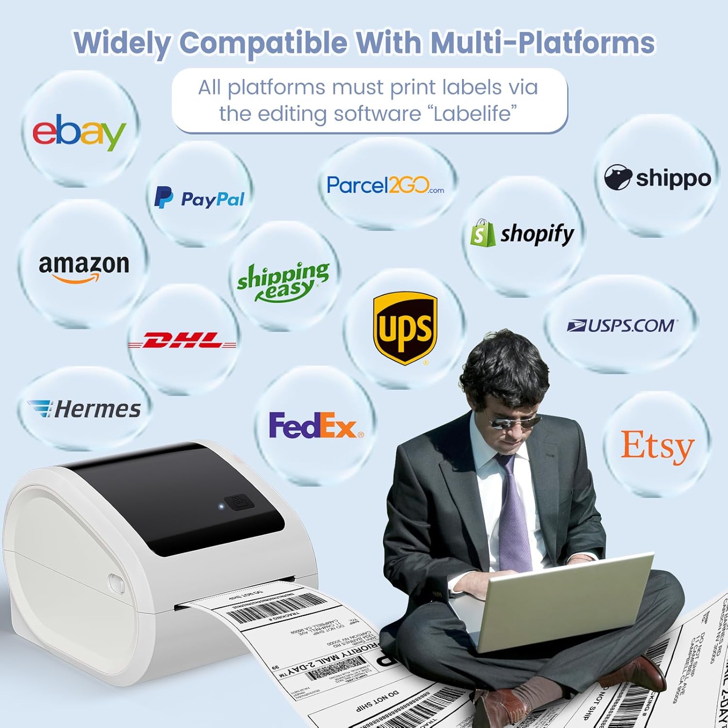 ASprink D520BT printer showing compatibility with various e-commerce and shipping platforms like eBay, Amazon, Shopify, USPS, UPS, FedEx, Etsy, PayPal, Parcel2Go, Shippo, Shipping Easy, Hermes