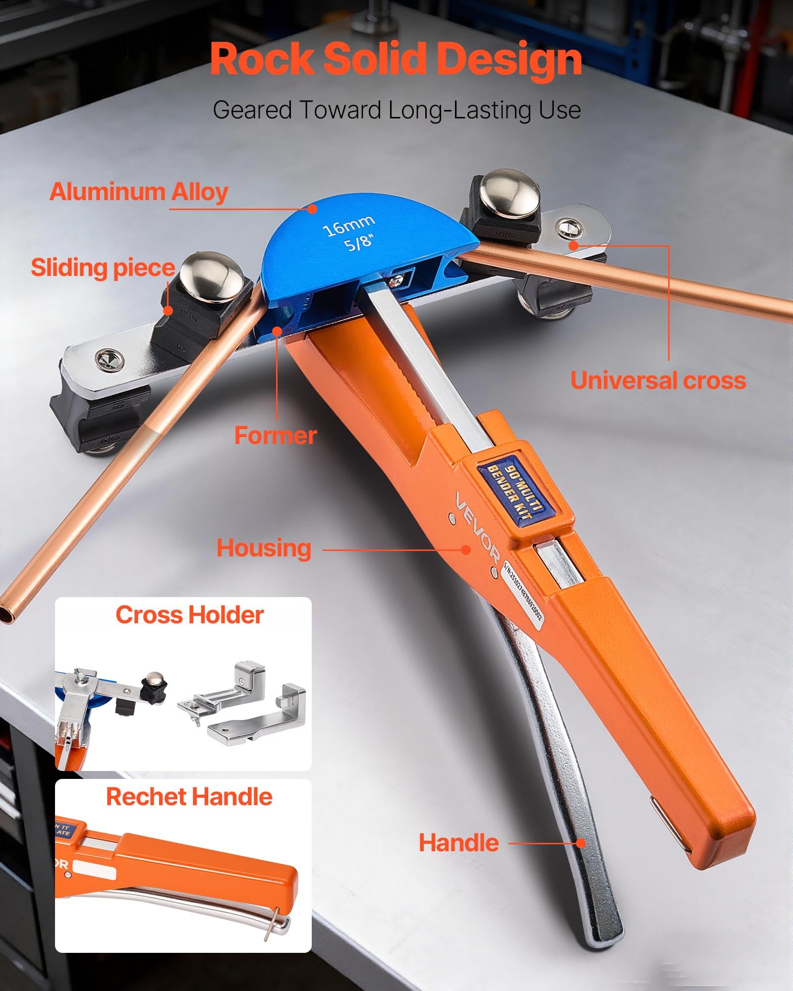VEVOR Kit Piegatubi Manuale Pinza Compatto a Cricchetto Utensile per Piegatura Manuale Avanti/Indietro con Matrici in Lega di Alluminio per Tubi in Rame Alluminio Angolo di Piegatura max. 90°