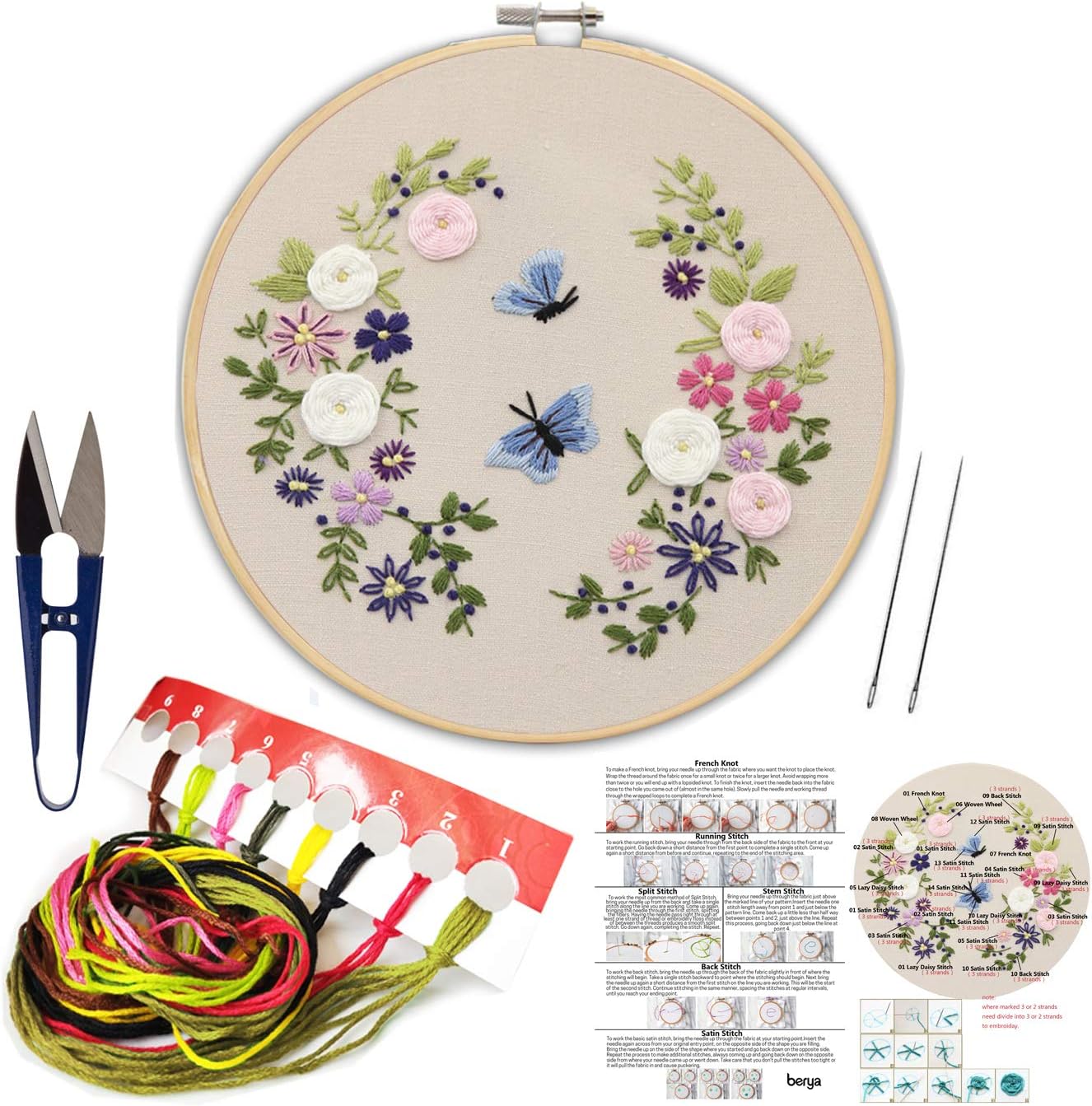 BERYA Handmade Embroidery Starter Kit Set with Pattern Including Embroidery Cloth,Bamboo Embroidery Hoop, Color Threads, and Other Tools Kit for Beginners