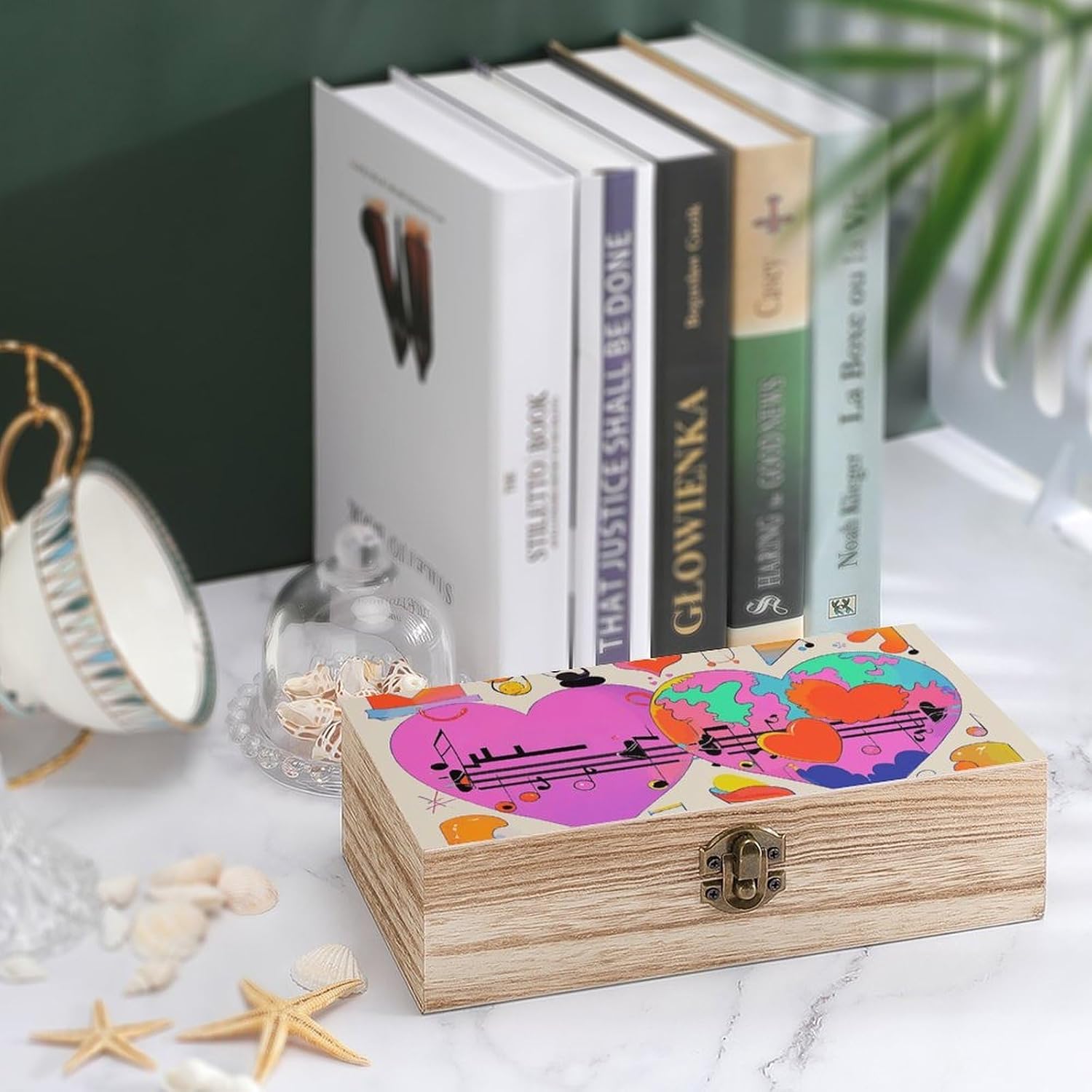 Music Symbols Love Wooden Storage Box Rectangular Wood Keepsake Box with A Hinged Lid Tabletop Decorative Organization Boxes Jewelry Container for Home Office Counter image 4