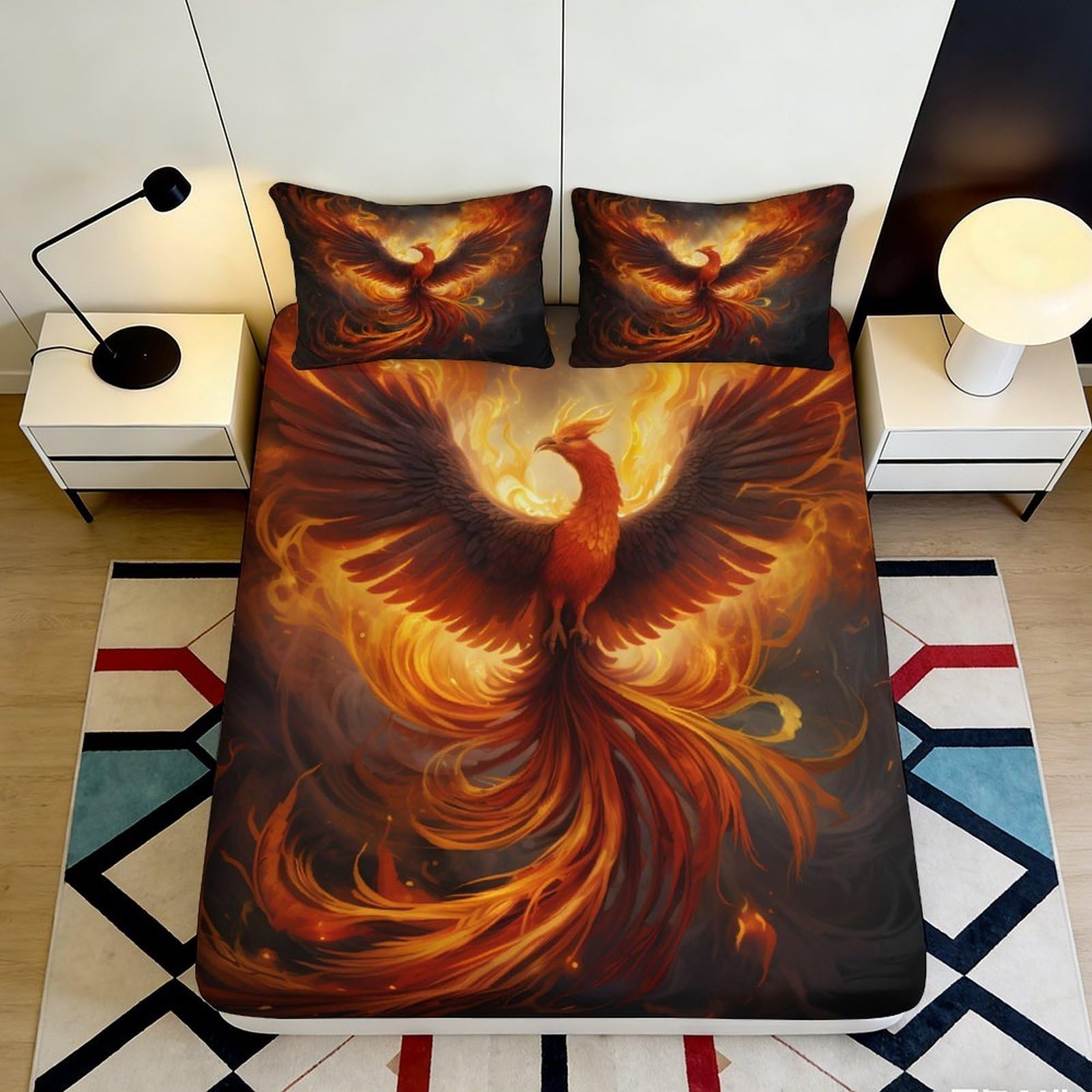 3D Printed Phoenix Flame Fitted Sheet Microfiber Bedroom Decor Fire Bird Mattress Cover Anti-Slip Machine Washable 90x200x25cm