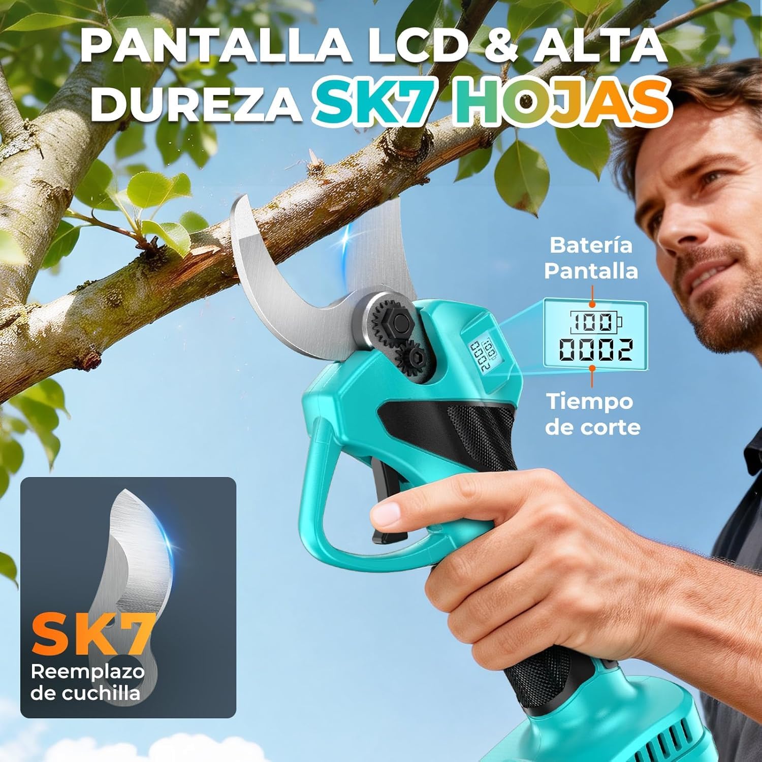Tijeras de Podar Eléctricas, 21V Motor Sin Escobillas,33mm Tijeras de Podar Bateria con 2 x 2 Ah Baterías,Pantalla LCD y SK7 Cuchillas, Ligera Tijeras Podar para Jardinería, Árboles Frutales, Rosales