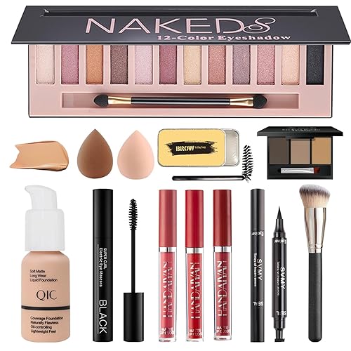 Miniatura 8 de Kit completo de maquillaje todo en uno para mujer, incluye sombra de ojos desnudos de 12 colores, base líquida, juego de lápiz labial, rímel,