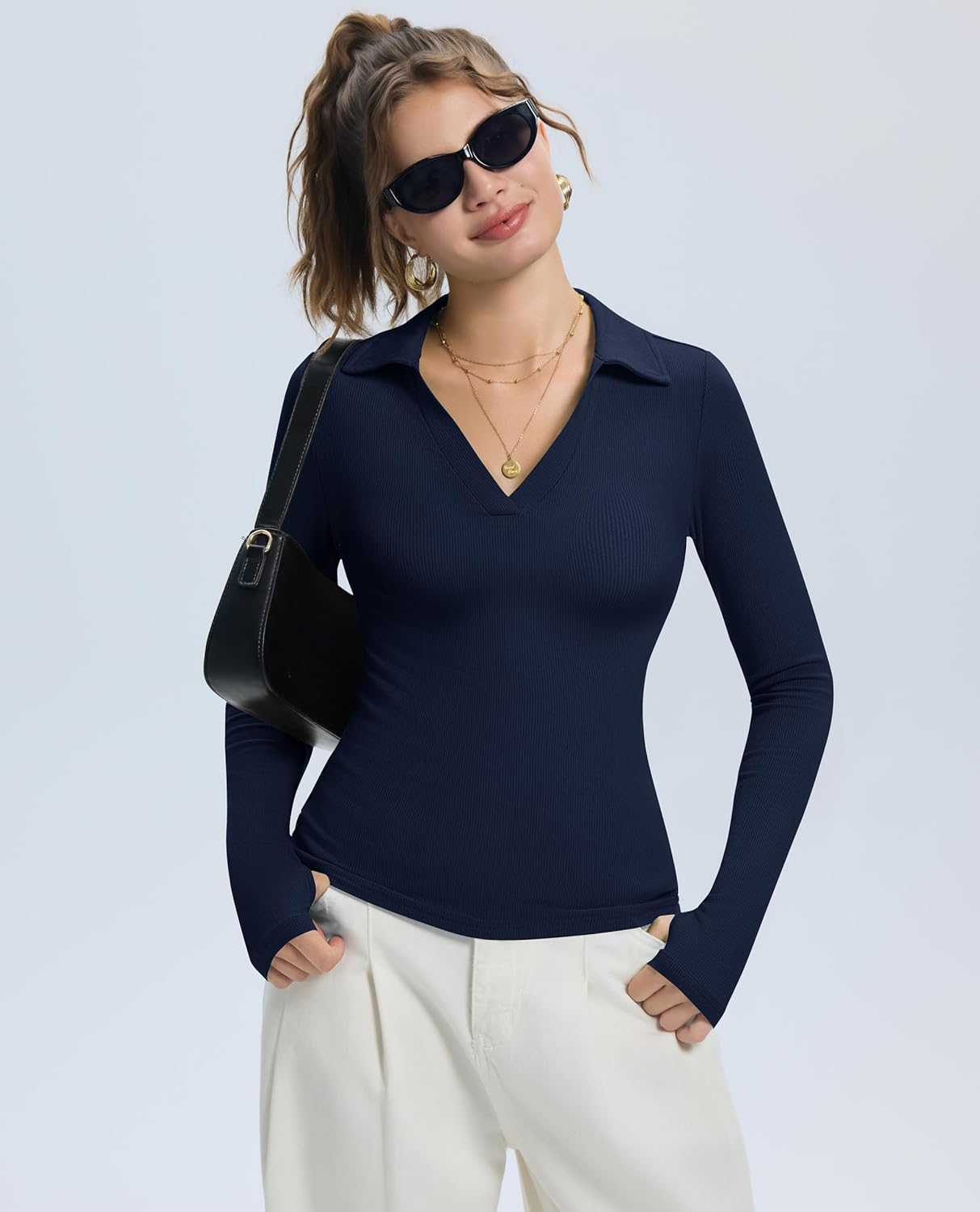 LOMON Womens Pullover Sweaters Y2K Going Out Tops Deep V Neck Polo Shirt Thumb Holes Ribbed Long Sleeve Tops for Women - Image 6