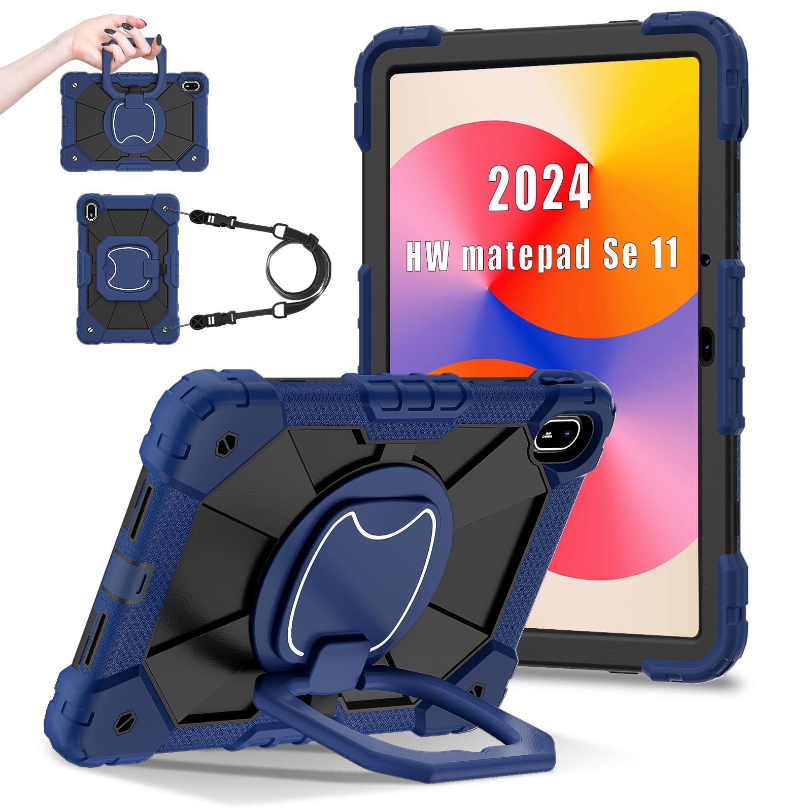 FONREST Rugged Case for Huawei MatePad SE 11 inch 2024 AGS6-W00 with Pencil Holder Rotating Hanging Ring Handle Kickstand, Heavy Duty Shock-Proof