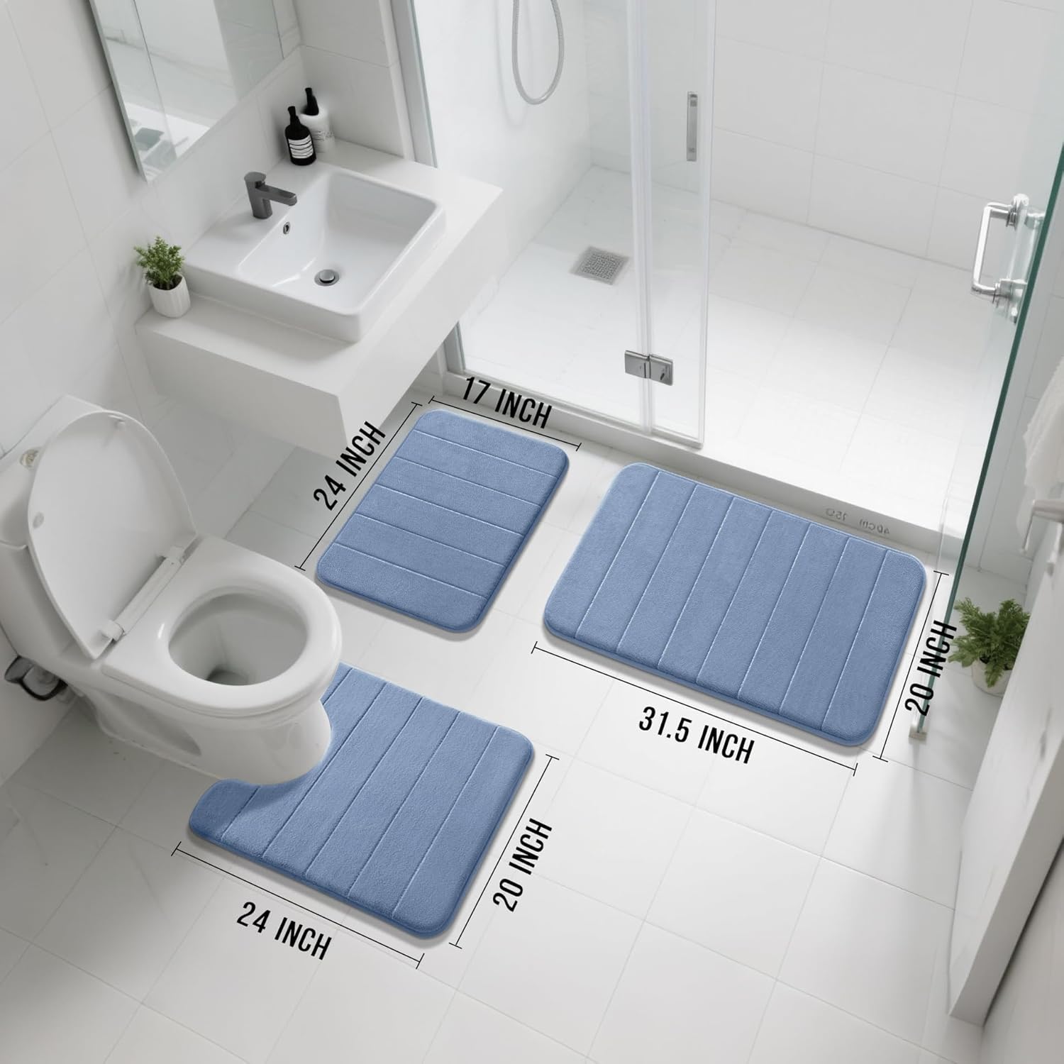 Yimobra Memory Foam Bath Mat Set 3 Pieces- Super Soft Absorbent Quick Dry Bathroom Rug Sets, Machine Washable Non Slip Floor Carpet for Tub Shower, Vanity & Toilet Base, Denim Blue - Image 2