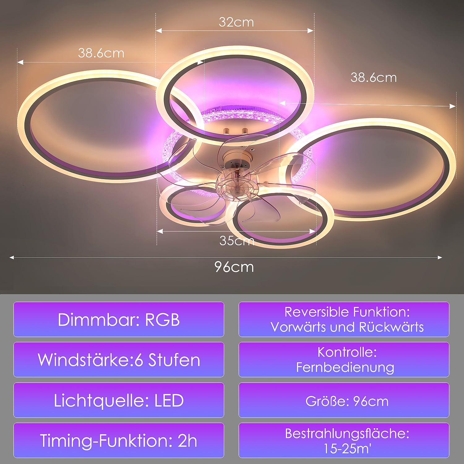 RGB LED Deckenventilator mit Licht, Leiser Ventilator dimmbar, Farbwechsel | Deckenlampe 96cm Fernbedienung, 6 Stufen, Timer & Reversierfunktion, Deckenleuchte für Schlafzimmer, Kinderzimmer Wohnzimmer