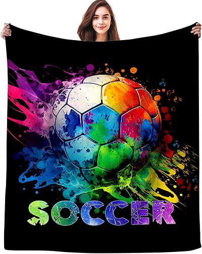 Manta de fútbol con balón deportivo, manta de franela suave y ligera, acogedora ropa de cama de felpa para niñas, niños y adultos, 50 x 40 pulgadas