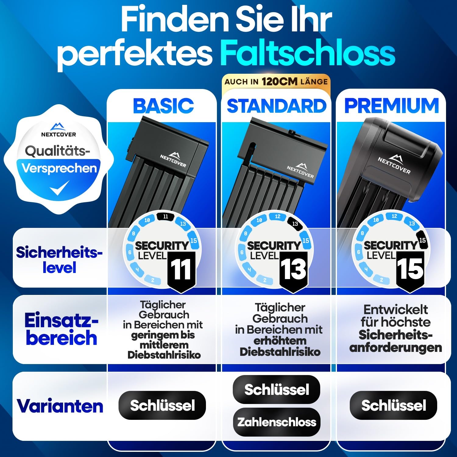NEXTCOVER® Faltschloss Fahrrad FoldOne 100cm - Das Original - mit SteelSecure-Technologie und 3 Schlüsseln I Robustes Fahrradschloss Faltschloss, Fahrradschloss hohe Sicherheit mit Halterung