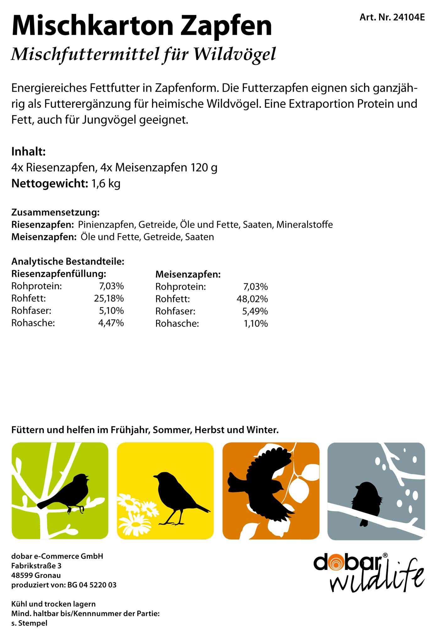 dobar 24104e Mélange de Nourriture pour Oiseaux, mélange de Graisses à Suspendre, Quatre cônes géants et Petits cônes de mésange (Environ 120 g), Blanc…
