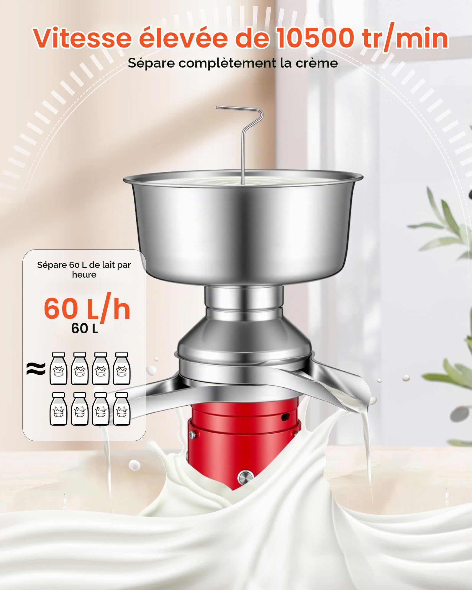VEVOR Écrémeuse Électrique 60 L/h, Centrifugeuse à Lait 40 W 10 500 tr/min, pour Crème Écrémée et Séparée Lait de Chèvre et de Vache Ferme, Séparateur Centrifuge de Crème en Inox 304, Bol de 4,5 L
