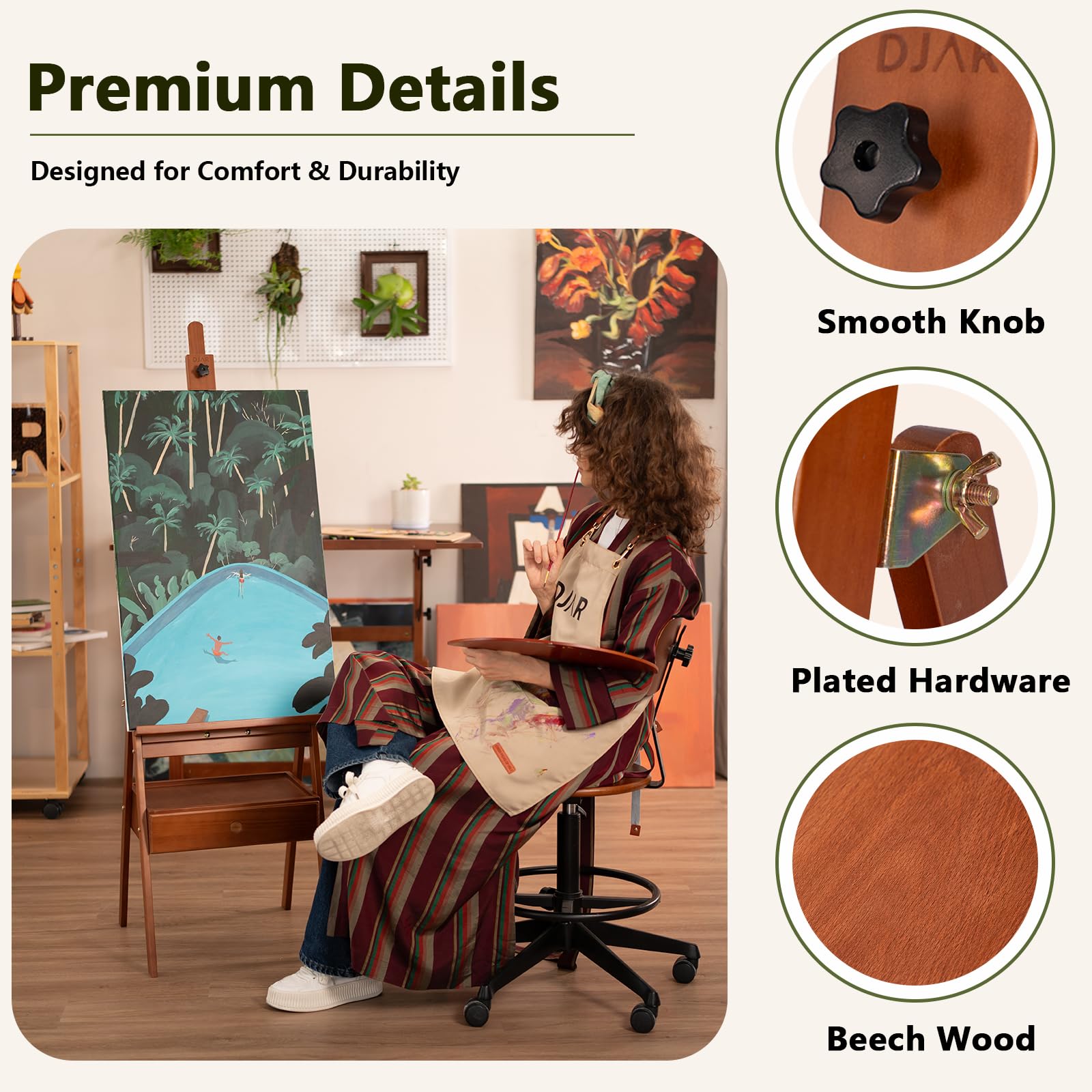 DJAR Caballete de Pintura en H Grande con Cajón y Estante, Caballete de Madera Premium para Artistas y Estudiantes, Soporta Lienzos hasta 88 cm, Nogal
