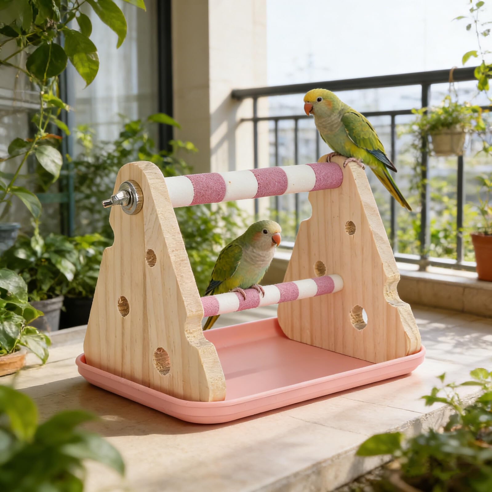 Percha para Loros con Bandeja Desmontable, Plataforma de Madera y Plástico, Soporte Portátil para Jaula, Uso en Casa y Alimentación