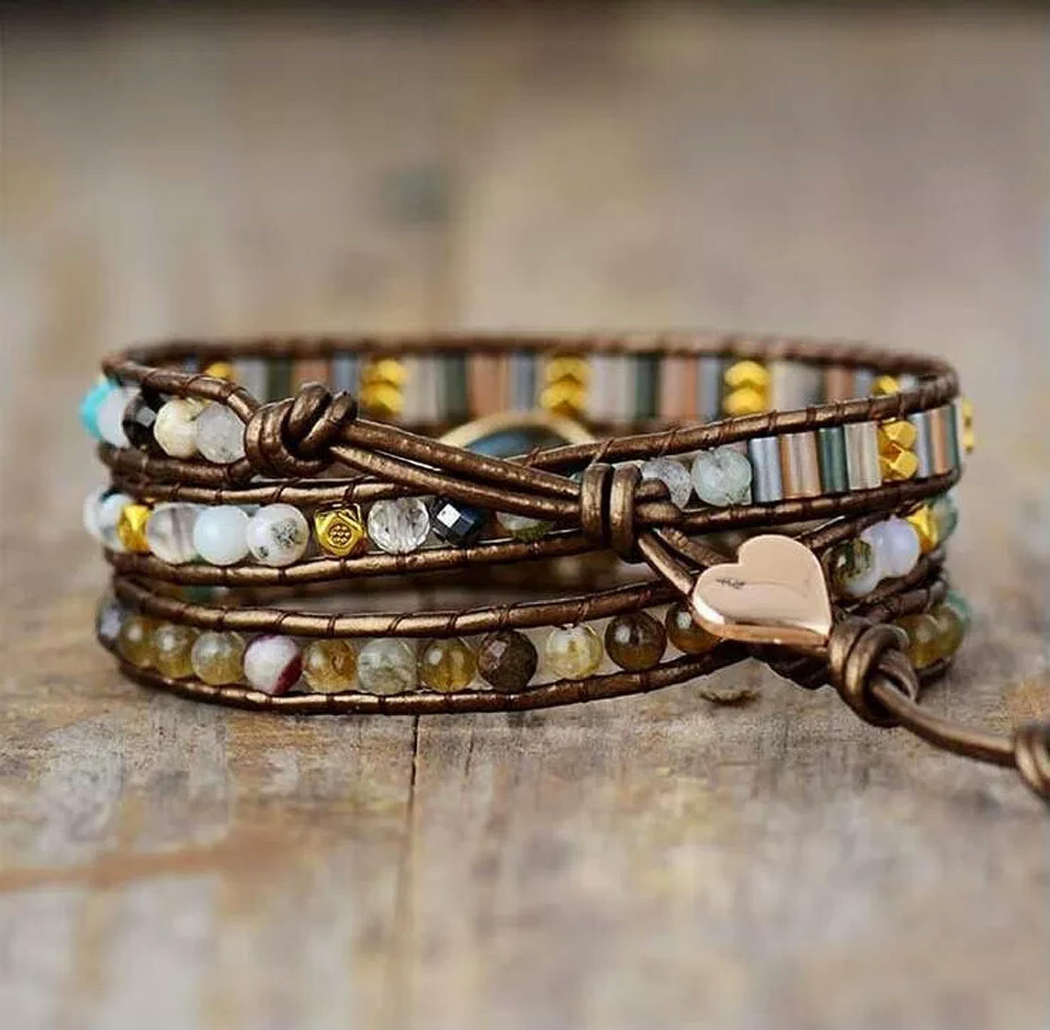 Bracelet de Yoga Ethnique en Cuir Fait Main à 3 brins avec Labradorite