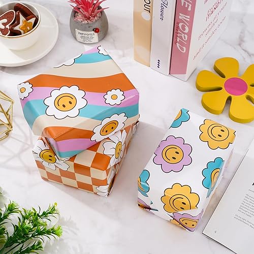 Miniatura 5 de Whaline 12 piezas de papel de regalo retro Groovy brillante, cara divertida a cuadros, papel de arte bohemio a granel plegado plano para baby