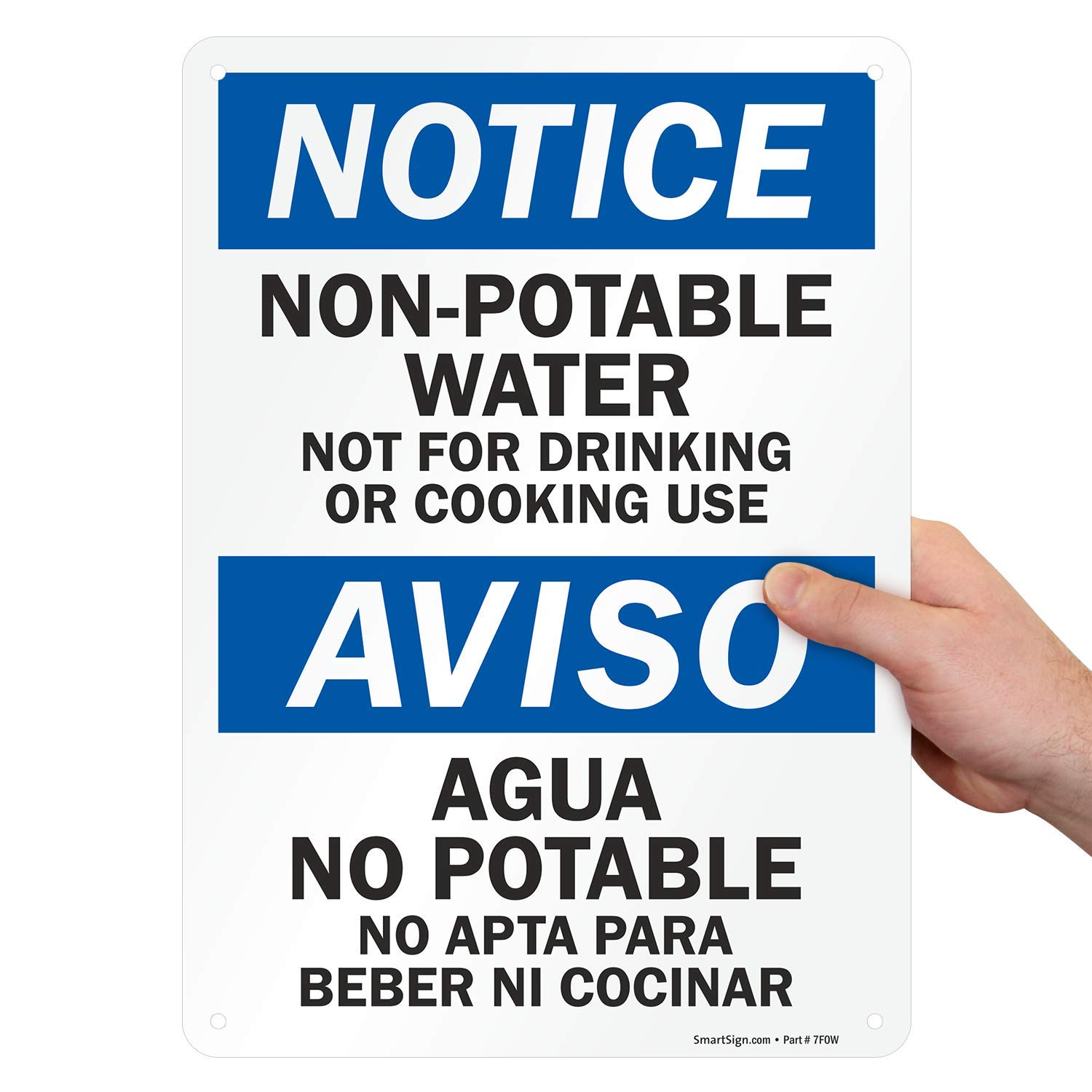 SmartSign - S-2841-AL-14 "Notice - Non-Potable Water, Not For Drinking Or Cooking" Bilingual Sign | 10" x 14" Aluminum , Black/Blue on White