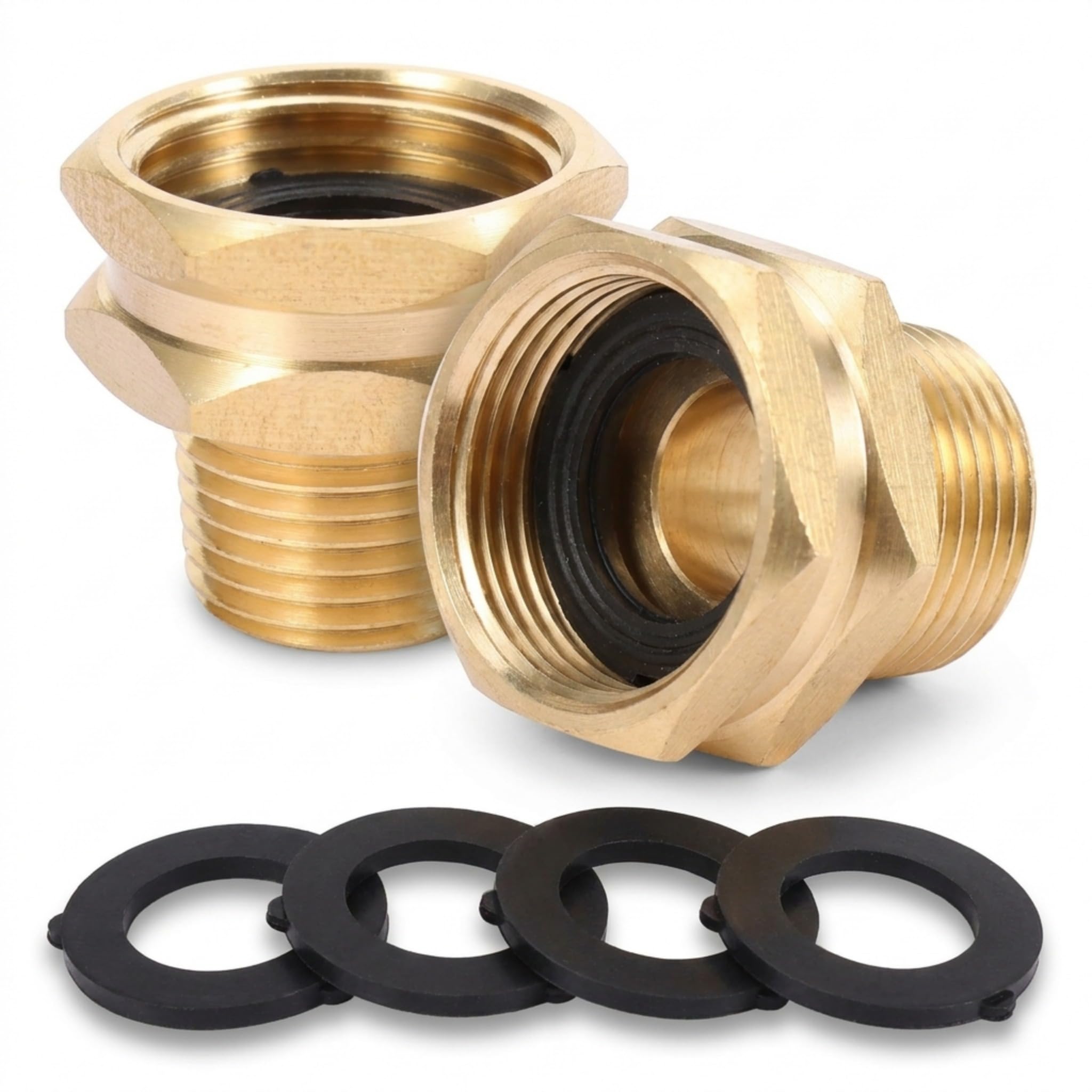 Performore Paquete de 2 conectores GHT hembra de 3/4 pulgadas a macho NPT de 1/2 pulgada, adaptador GHT a NPT de latón, adaptadores de metal de rosca de manguera de jardín, incluye 4 arandelas con 2