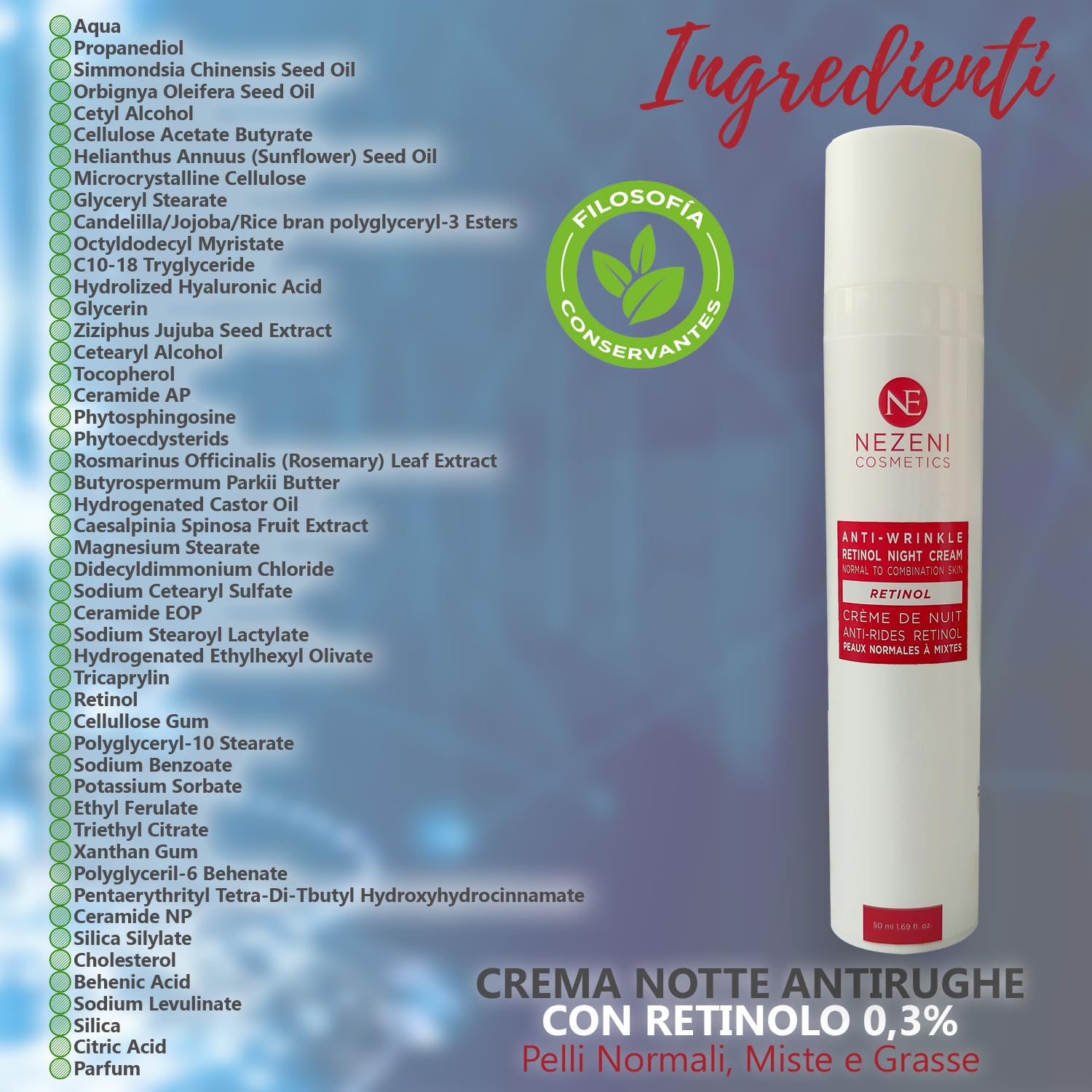 Nezeni Crema Notte 0,3% RETINOLO PURO Antirughe Donna/Uomo 27 Ativi | Riempitivo per Rughe Profonde con Acido Ialuronico | Crema Rassodante Viso, Collo e Décolleté | Pelle Normale, Grassa e Mista