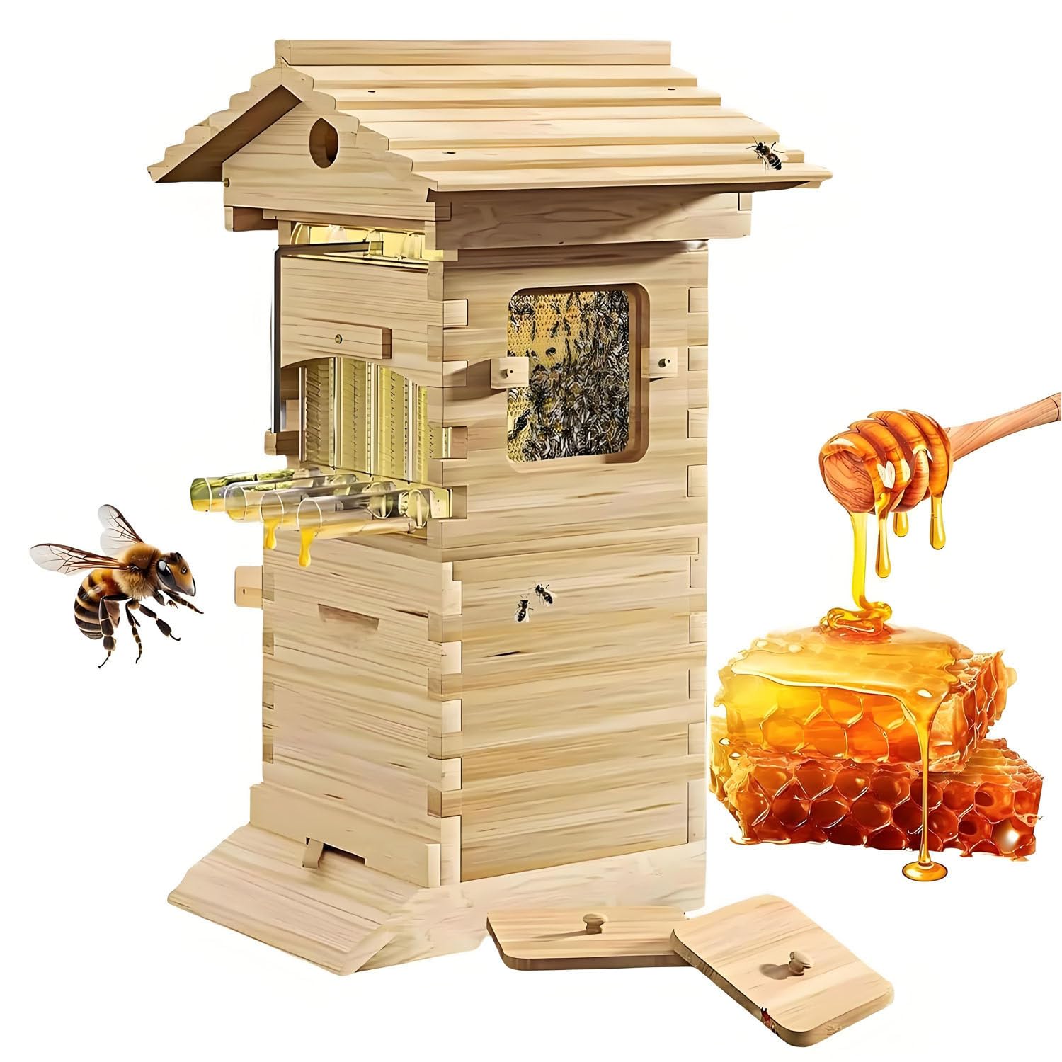 Bybodi Multicolor Beehive Starter Kit,Self-Flowing Wooden Bee Box,With Observation Window And Honey Spout,Self-Flow Hive Beehive Starter Kit,For Beekeeping,Garden Pollinators