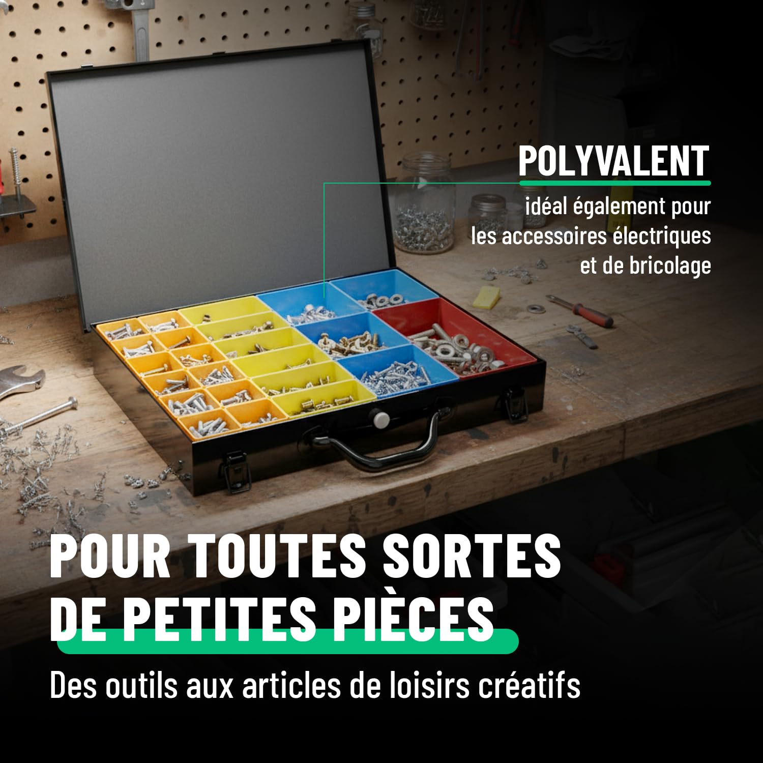 greate Boîte de Rangement visserie métal avec 23 bacs Amovibles | Valise Vide pour Petites pièces - Mallette de tri métallique comme Boîte à vis - Organisateur