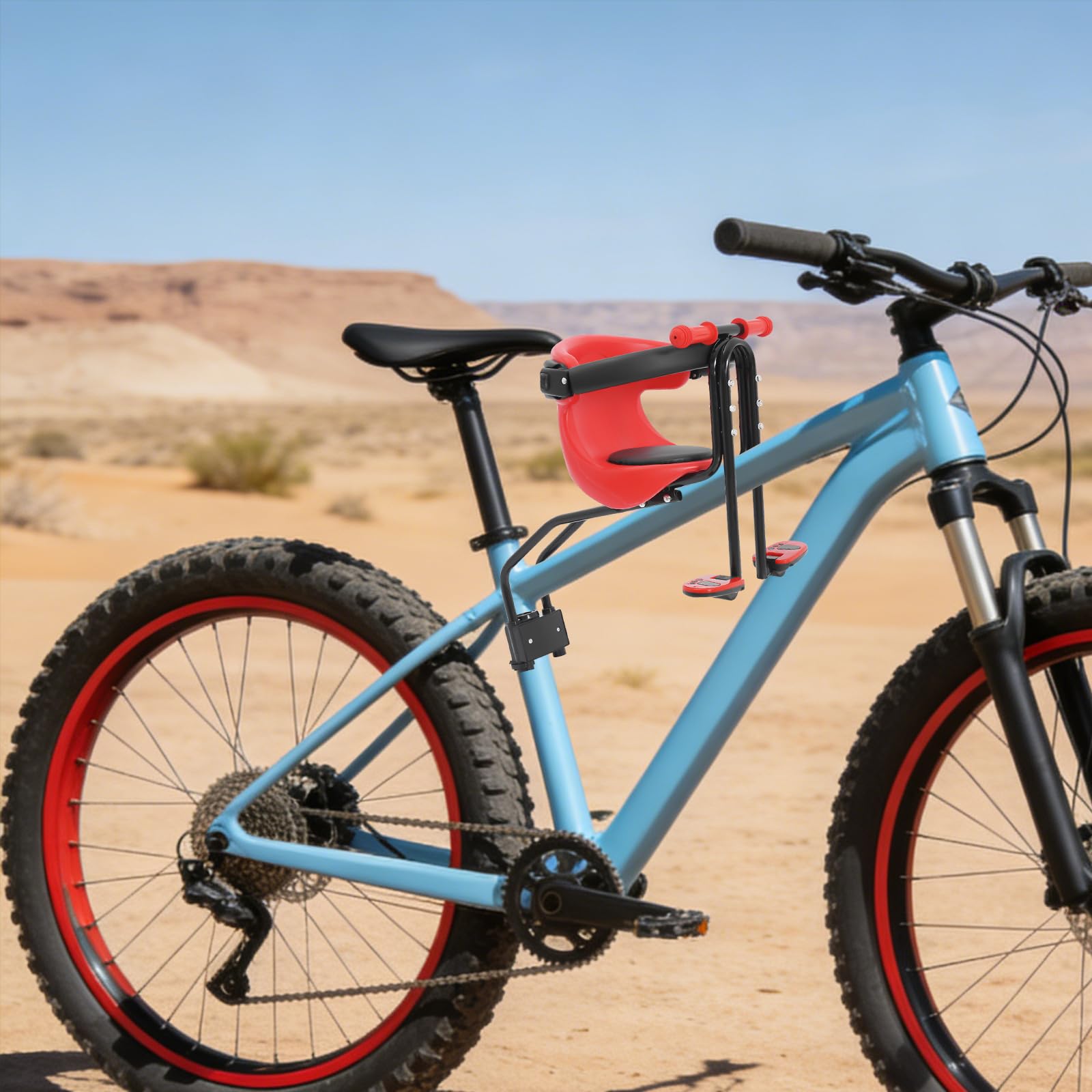 Siège avant pour vélo de montagne pour enfant avec support réglable et barre de sécurité amovible, poignées antidérapantes et repose-pieds, max. 50 kg, pour 8 mois à 4 ans