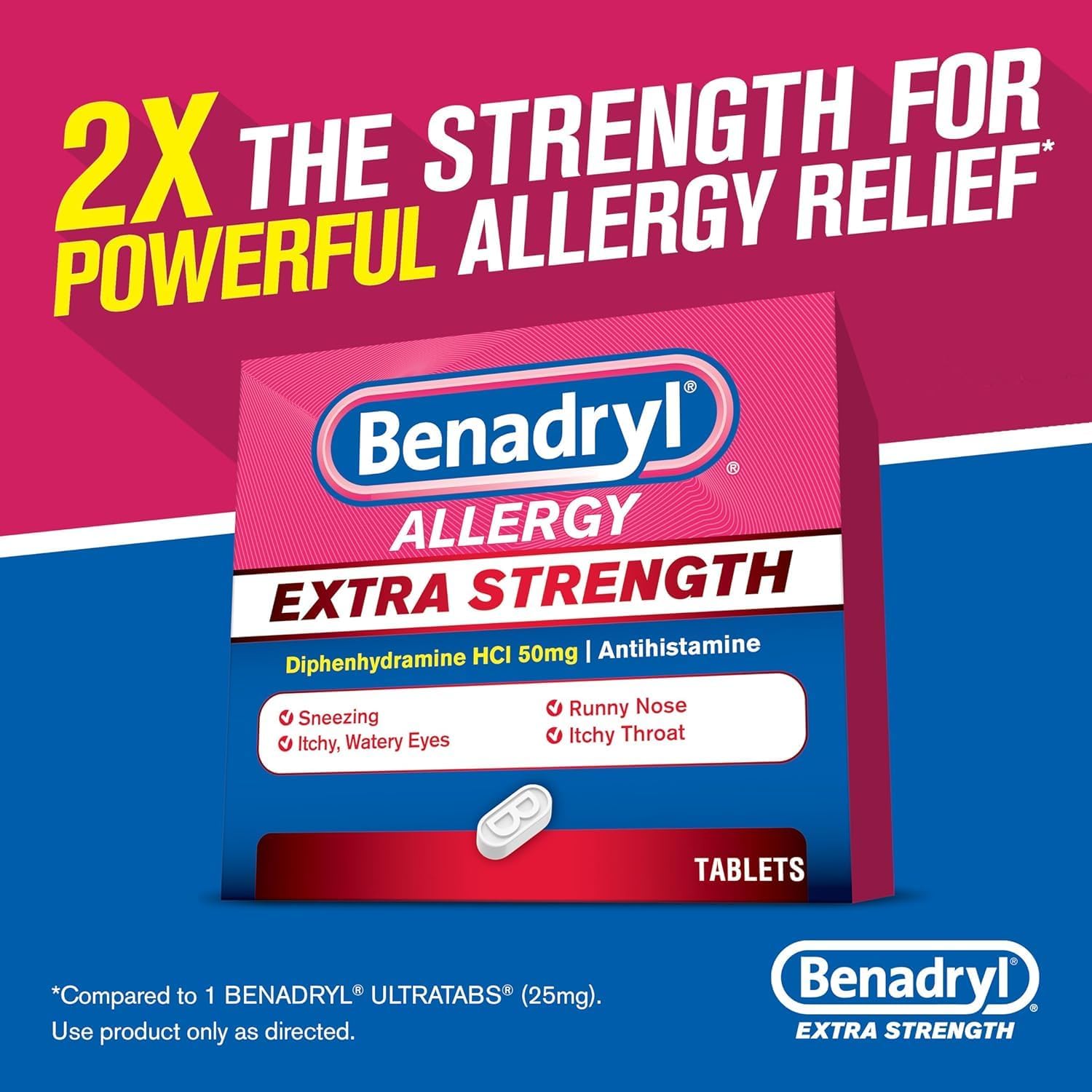 Benadryl Extra Strength Antihistamine Allergy Relief Medicine, 50 mg Diphenhydramine HCl Tablets for Relief of Allergy Symptoms Due to Hay Fever or Other Upper Respiratory Allergies, 24 ct (Pack of 2)