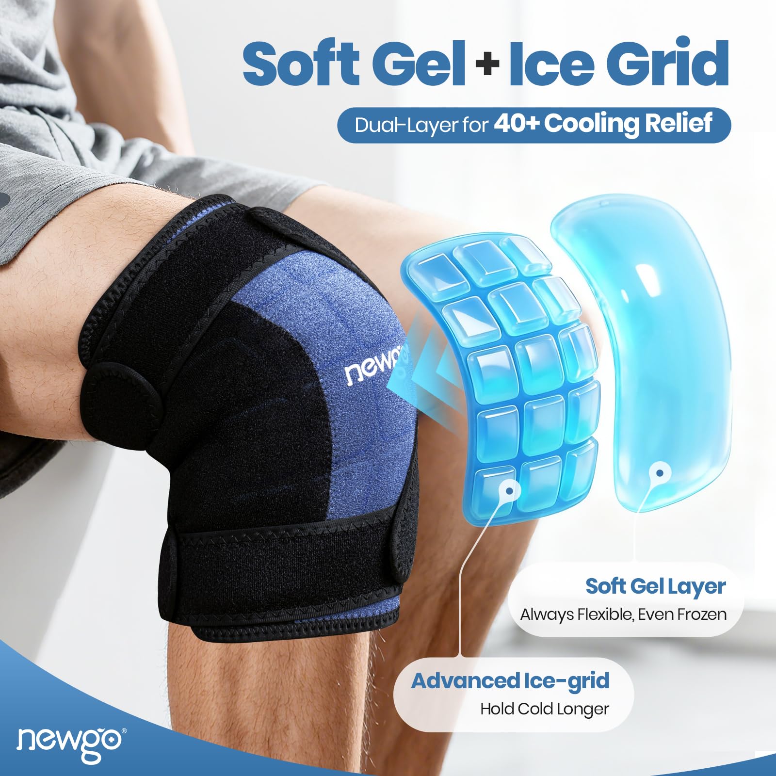 NEWGO Knee Kühlkompresse für Knie, Wiederverwendbare Gel Kniebandage bei Schmerzen, Schwellungen, Knie OP, Arthritis, Meniskusriss & Sportverletzungen, 2 Packs