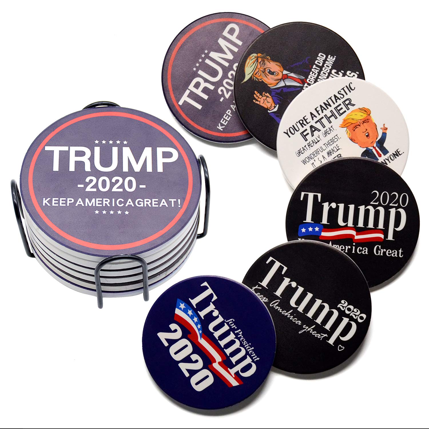 4 Inch 6 Pieces 2020 Trump Round Ceramic Coaster With Iron Frame Reusable Trump Beer Mat Home Living Room Kitchen Decoration
