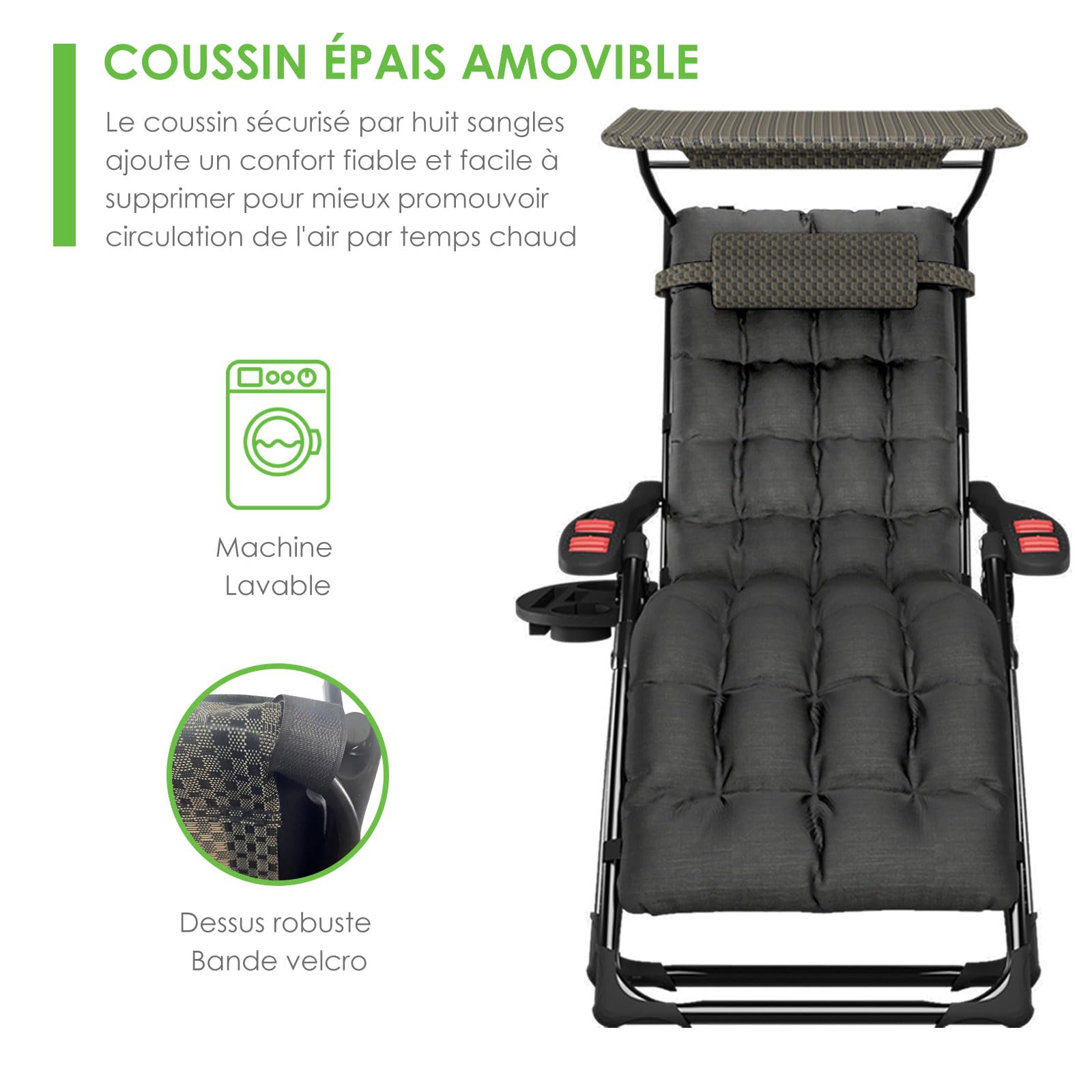 ATORPOK SHOP Bain de Soleil Chaise Longue de Jardin avec Pare-Soleil & Coussin，Fauteuil de Jardin Chaise Longue Pliable & Inclinable，capacité 200kg Pliable & résistant aux intempéries
