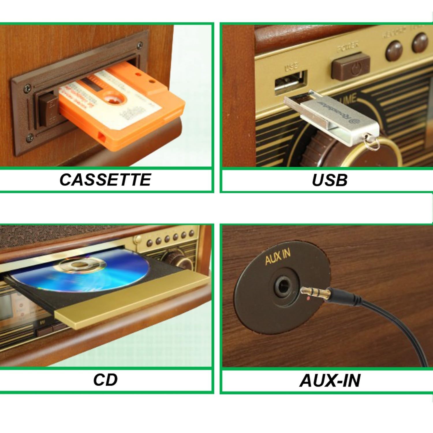 Platine Vinyle Roadstar HIF-1993BT 33-45-78 TRS, 2 Enceintes 32W PMPO, CD, Cassette, USB, Bluetooth, FM AM Radio, Finition Bois