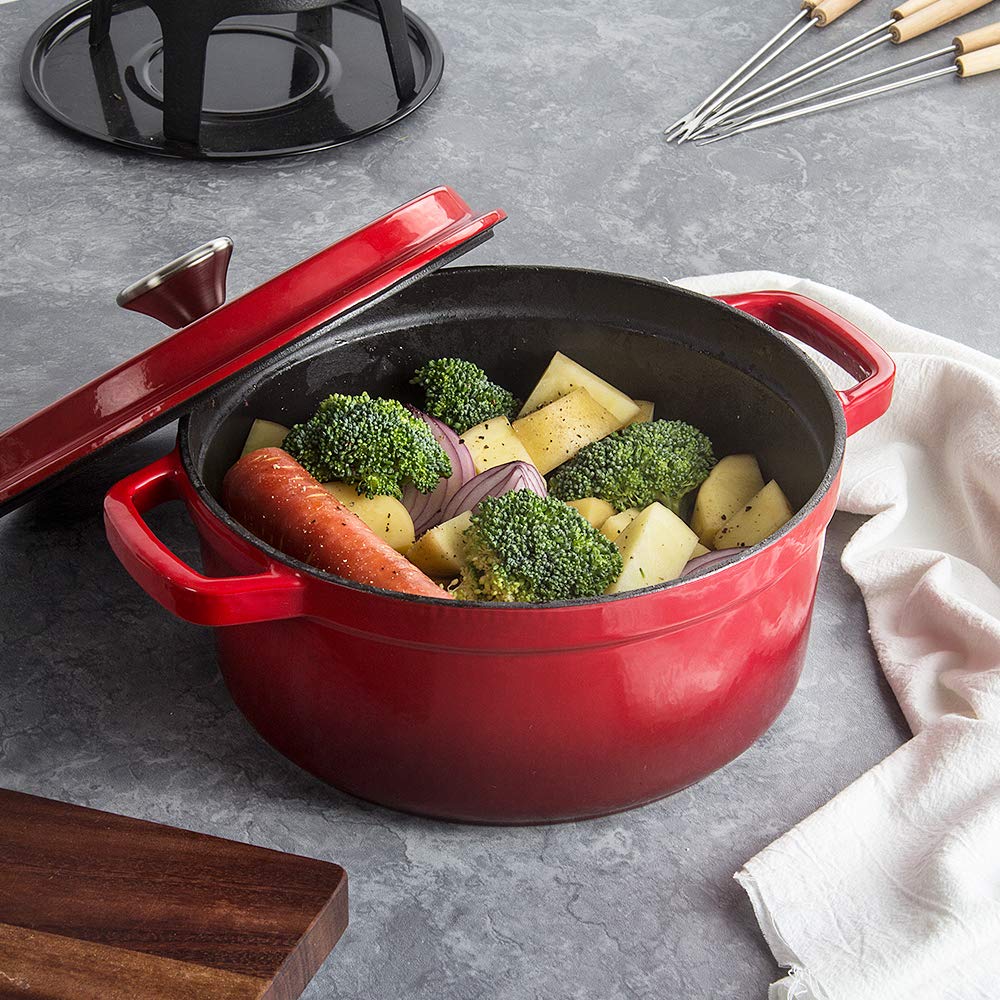 Casseruola in ghisa smaltata, rotonda, 24 cm, pentola in ghisa smaltata, 4,7 l, con coperchio, compatibile con tutte le fonti di calore (rosso)