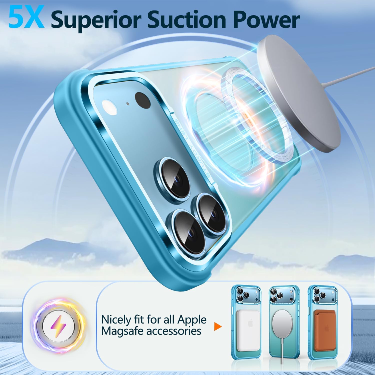 O3 Mag-Stand Designed for iPhone 17 Pro Case with 360° Spin Stand, [Compatible with mag Safe][Super Skin Feeling] Translucent Matte Magnetic Slim Phone Case 6.3 inch, Matte Lake Blue