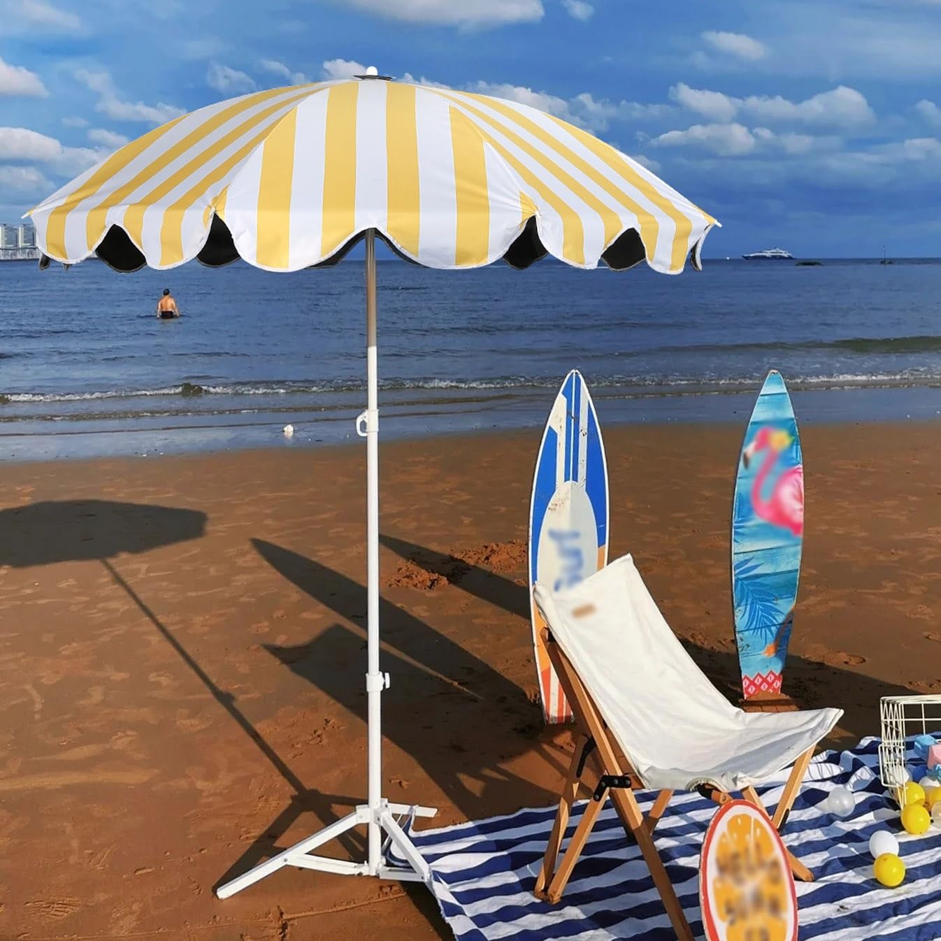 Parasol de Jardin Rayé Jaune et Blanc - Léger et Portable - Tissu Résistant à la Décoloration - Petit Parasol Extérieur