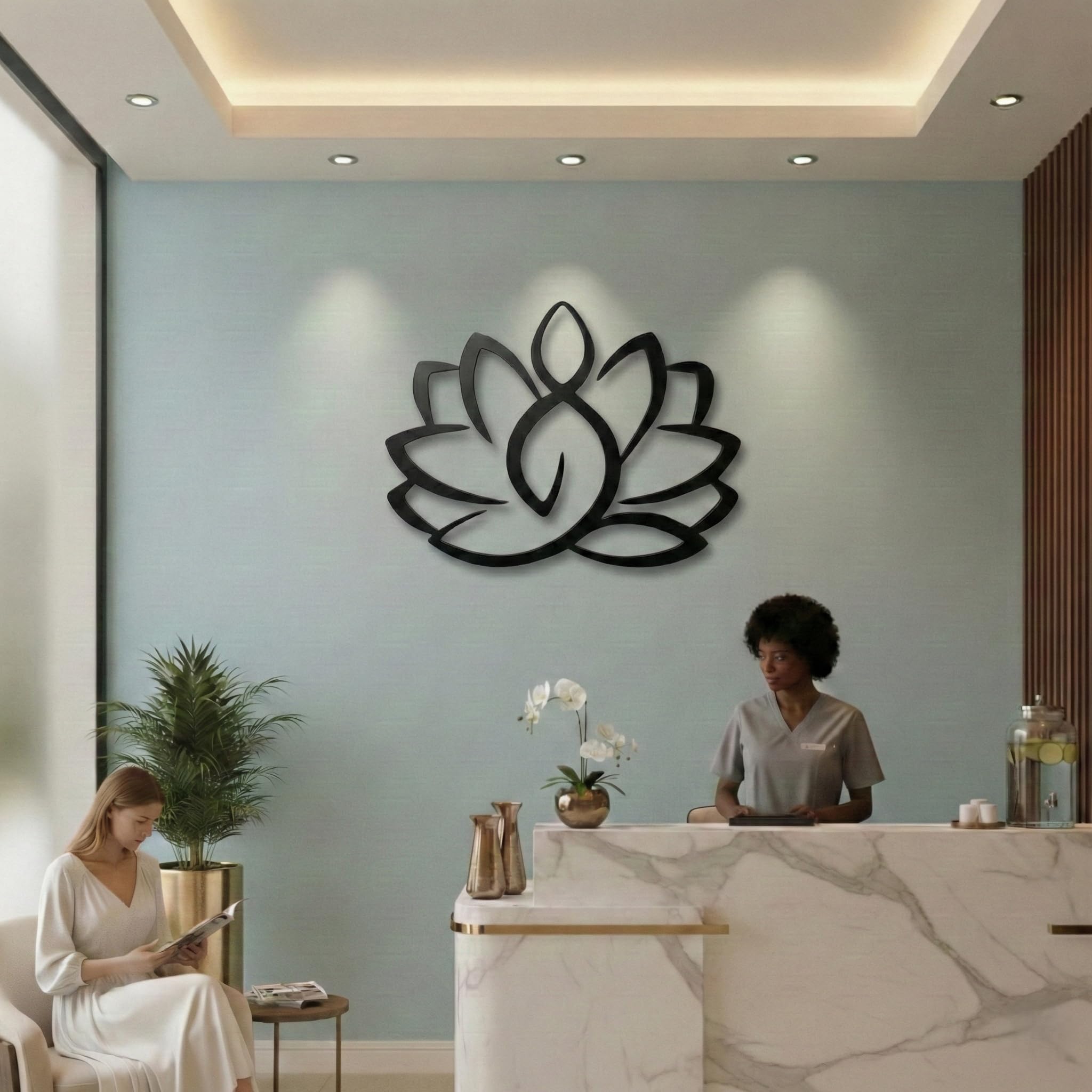 DEKADRON Arte mural de metal con flor de loto, decoración del hogar, decoración de yoga, letrero metálico (45 x 37 cm)