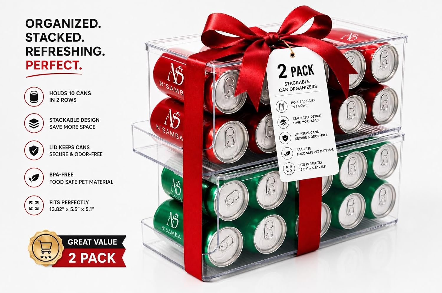 N'SAMBA 2 Pack Stackable Soda Can Organizer for Refrigerator with Lid, Holds 20 Standard 12 Oz Cans Total, Auto Rolling Can Dispenser for Fridge, Clear BPA-Free Drink Organizer
