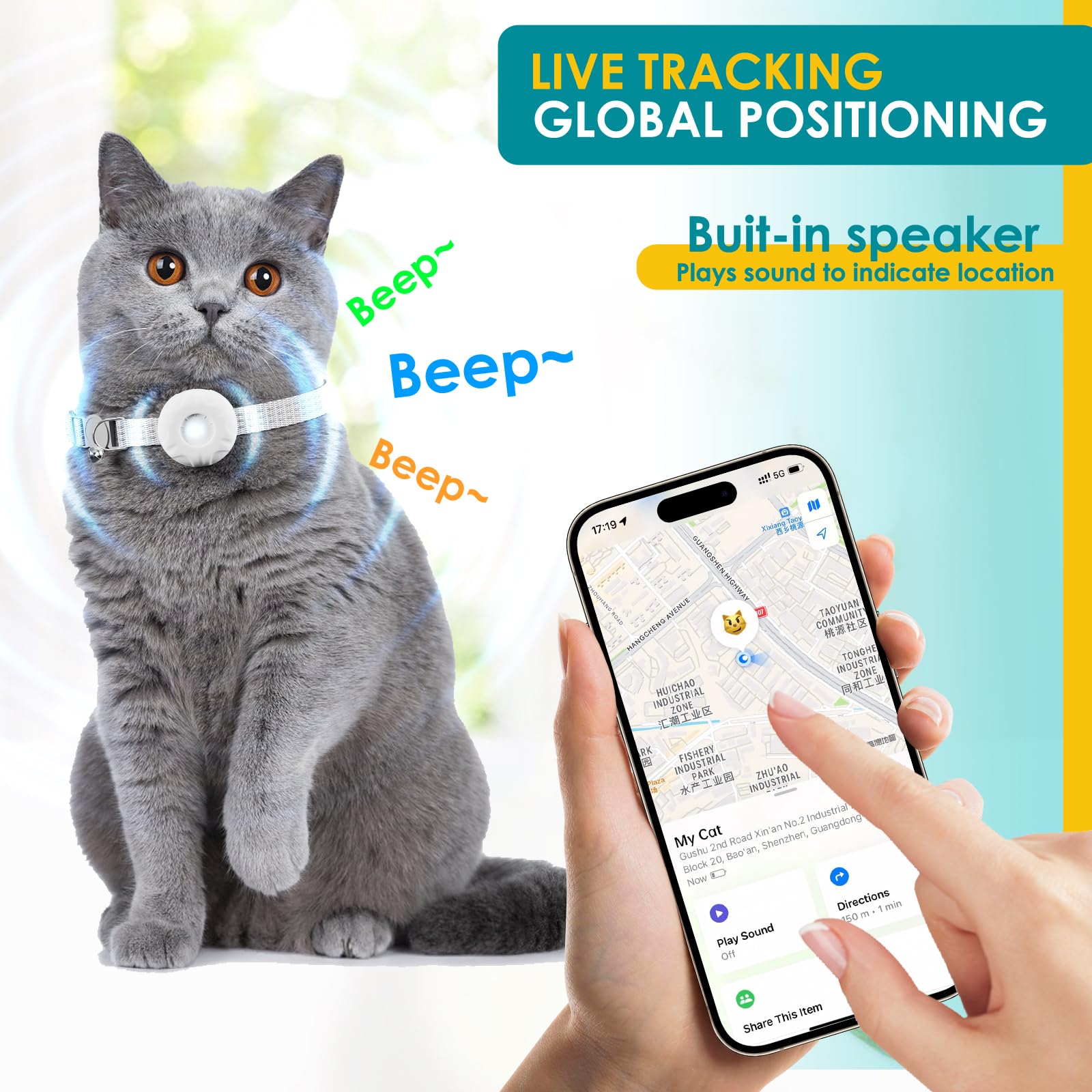 Localizzatore GPS per gatti (solo iOS), mini localizzatore GPS per gatti, localizzazione in tempo reale, senza canone mensile, compatibile con Apple Find My, anti-smarrimento, tag per veicoli, animali