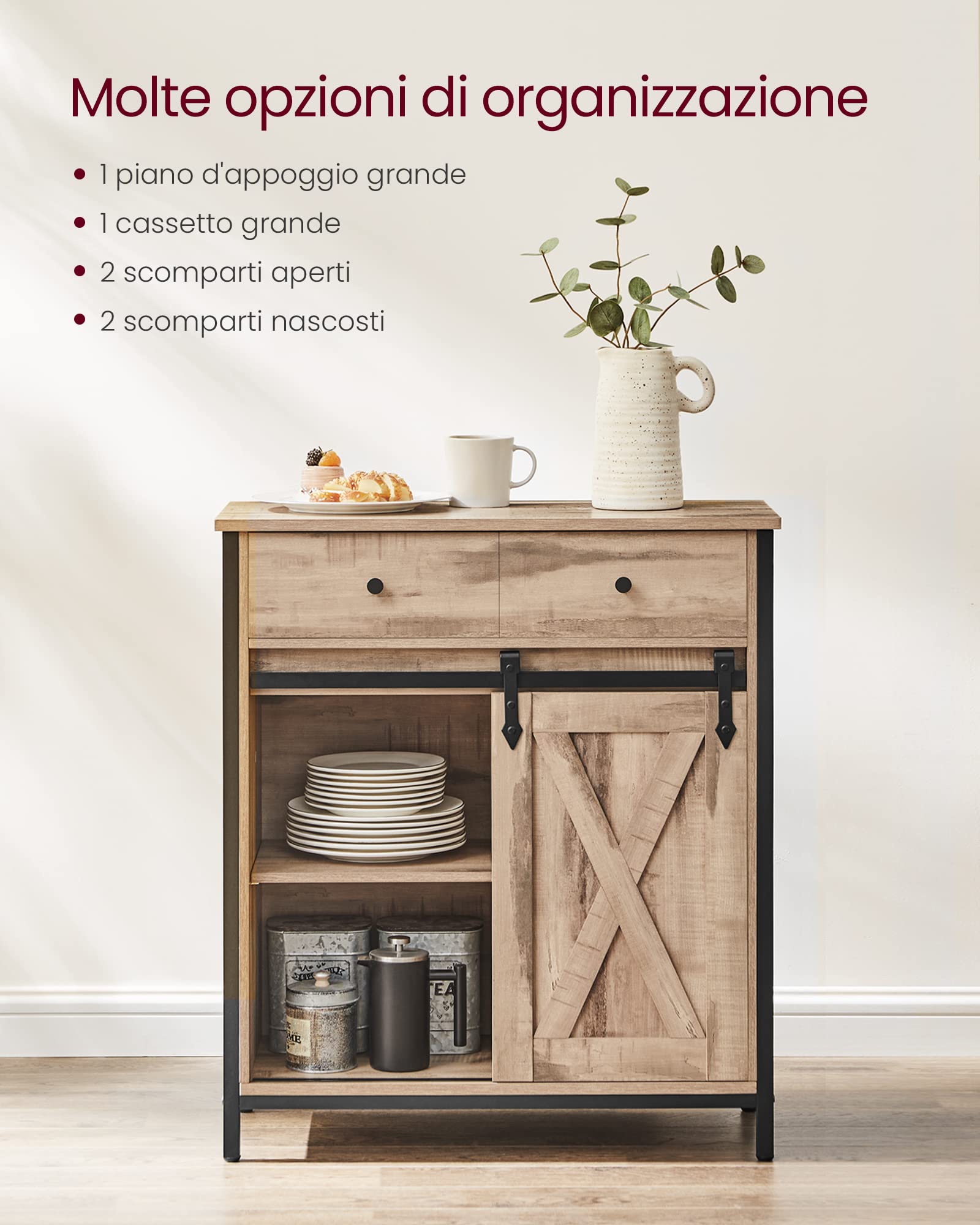 VASAGLE Credenza, Mobile da Cucina, Portaoggetti, con Anta Scorrevole, 30 x 70 x 80 cm, Ripiano Regolabile, Stile Country, per Soggiorno, Marrone Rovere e Nero LSC100B50