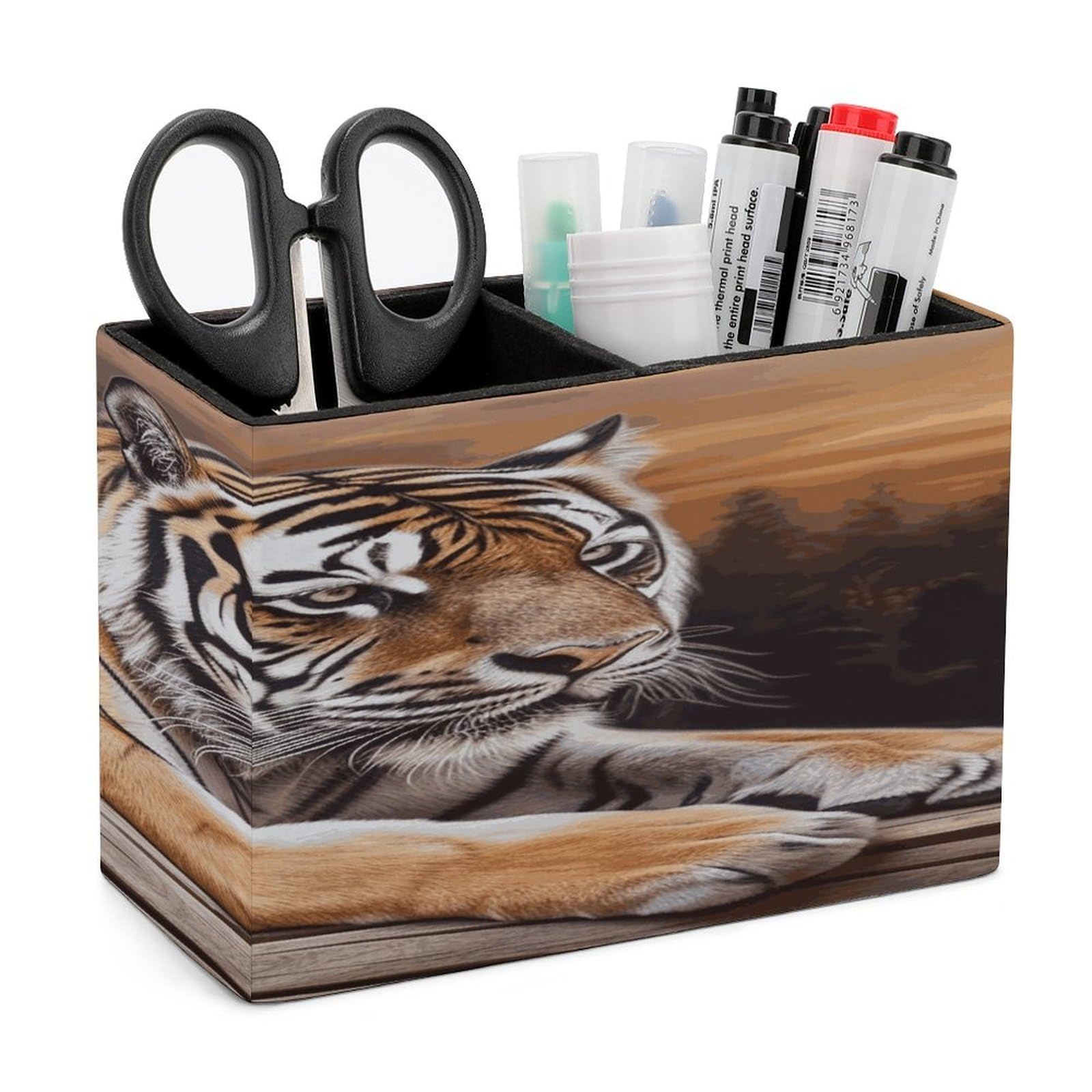 LDGSUPH Tiger Lying on Wood Leather Pen Holder for Desk Organizer Caddy Large Pencil Cup Multi-function Pencil Holder Makeup Brush Holders Pen Organizer for Home Office Storage Box
