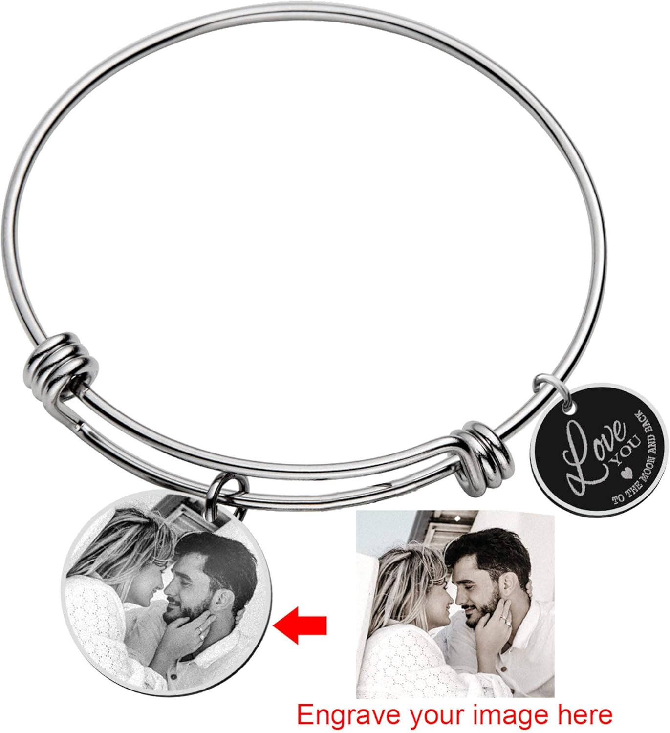 Qina C. Love You to the Moon and Back Personalized Photo Engraving Bangle Dangle Charm Adjustable Wire Bracelet Inspirational Gift (1 Charm. 1 Side Photo 1 Side Text Engraving)