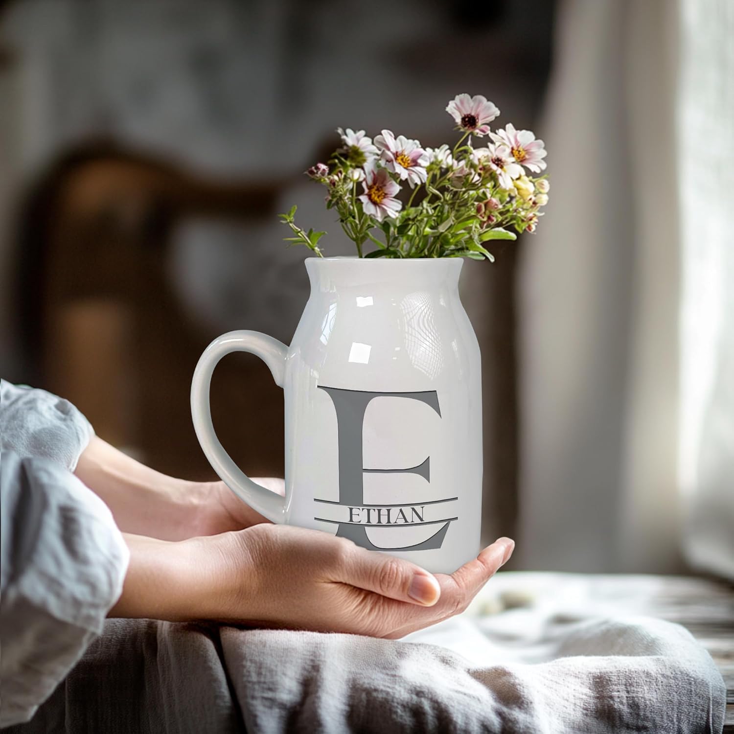 Personalized Initial Monogram Flower Bud Vase, Custom Elegant Alphabet Milk Jug Pitcher with Letter & Name, Home Decor for Women, Birthday, Mother’s Day