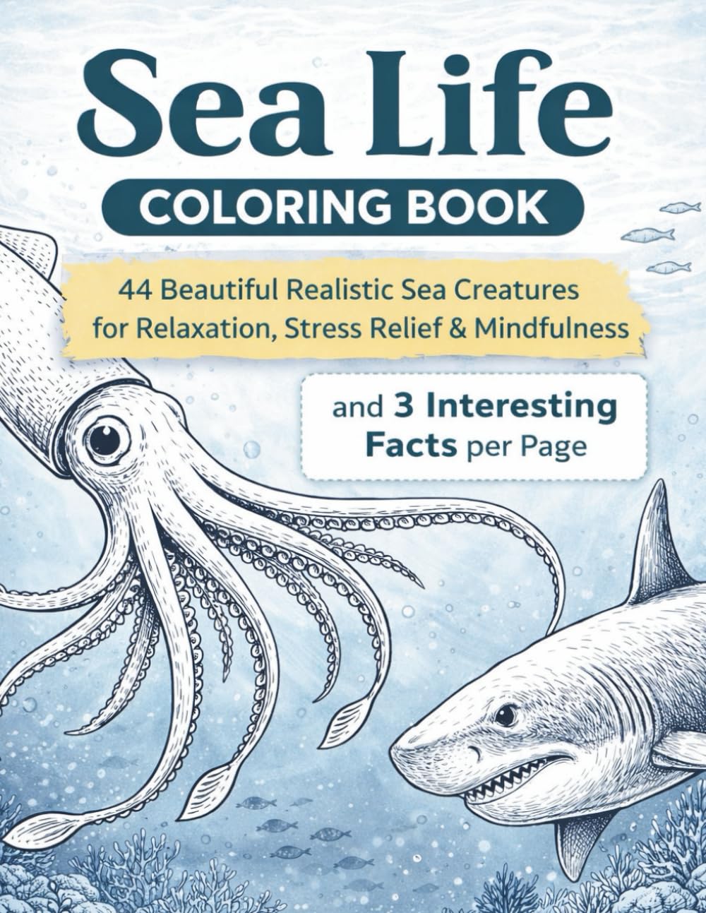 Sea Life Coloring Book: 44 Beautiful Realistic Sea Creatures for Relaxation, Stress Relief & Mindfulness and 3 Interesting Facts per Page