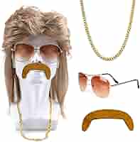 Costume Mullet Anni 70-80 - Parrucca Uomo Con Occhiali, Collana E Baffi Finti Per Halloween - Foto 9